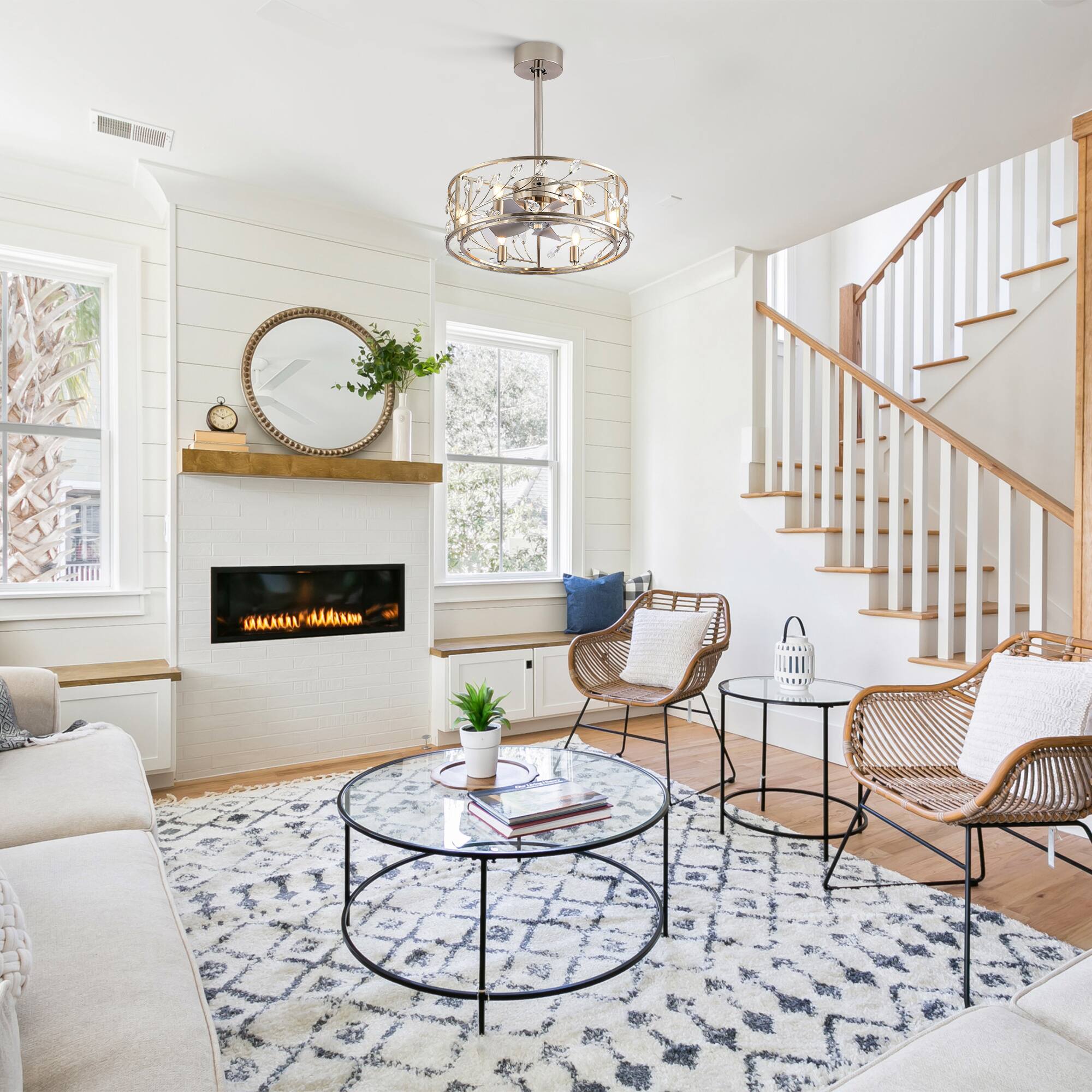 Alt View 6. Breezary - 20'' Traditional Caged Ceiling Fan with 5 ABS Blades, 6''&10''Downrods, DC Motor, 6-Speed Remote Control, Timer - Satin Nickel and Silver.