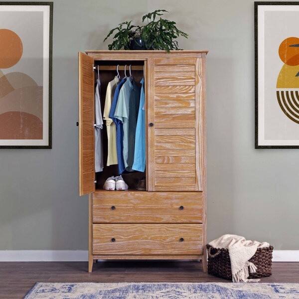 Left. SlickBlue - Solid Pine Driftwood Armoire with Louvered Doors for Bedroom Organization - Brown.