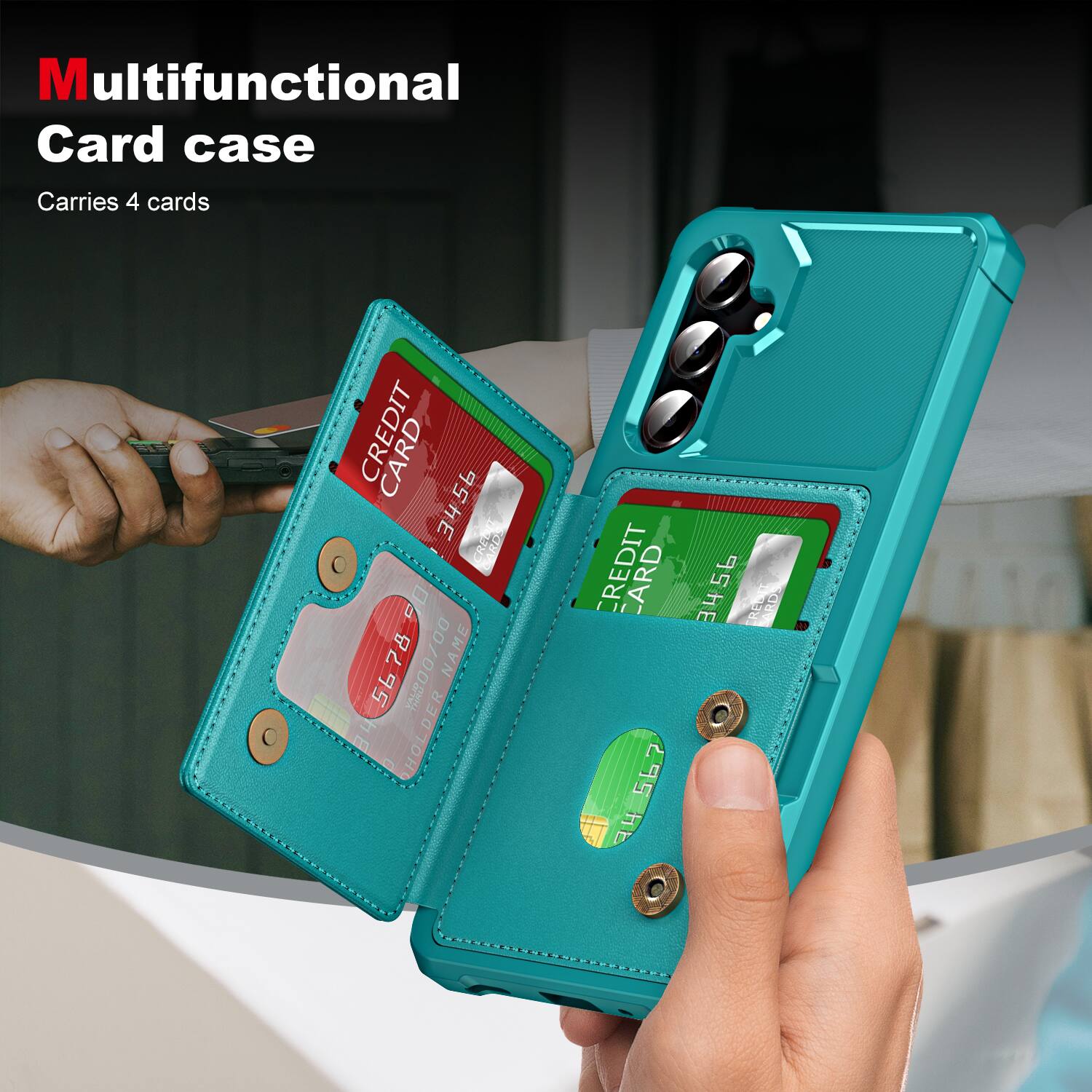 Multifunctional Card case  
Carries 4 cards  

CREDIT CARD  
3456 90 5678 78 441800/00  
NAME 56 YALIP DER 4 E JOHO  

CREDIT CARD  
3456 2P HE REDIT RDS