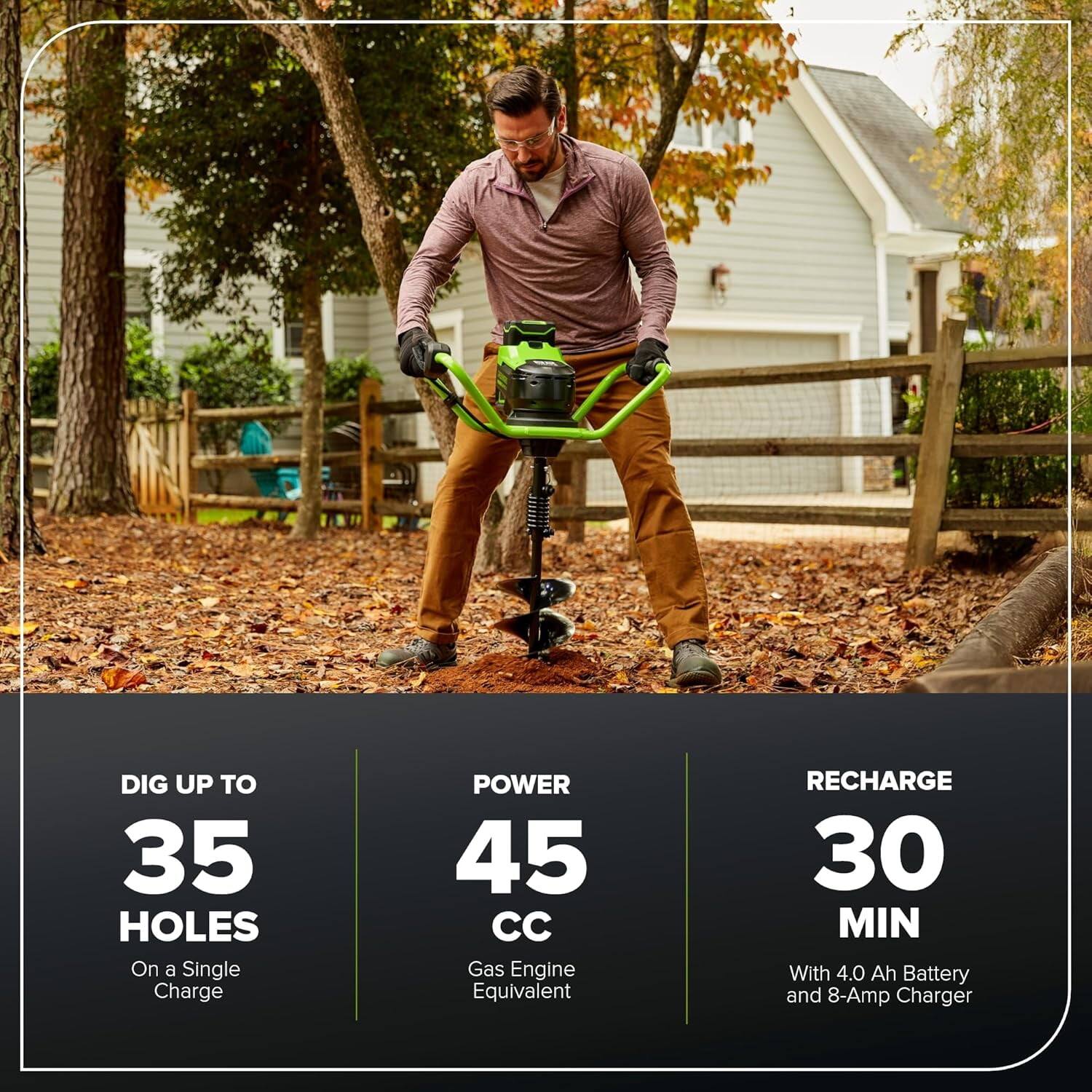 - DIG UP TO 35 HOLES On a Single Charge
- POWER 45 CC Gas Engine Equivalent
- RECHARGE 30 MIN With 4.0 Ah Battery and 8-Amp Charger