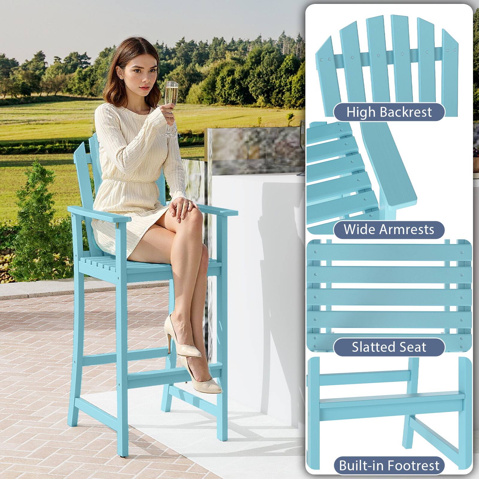 High Backrest  
Wide Armrests  
Slatted Seat  
Built-in Footrest