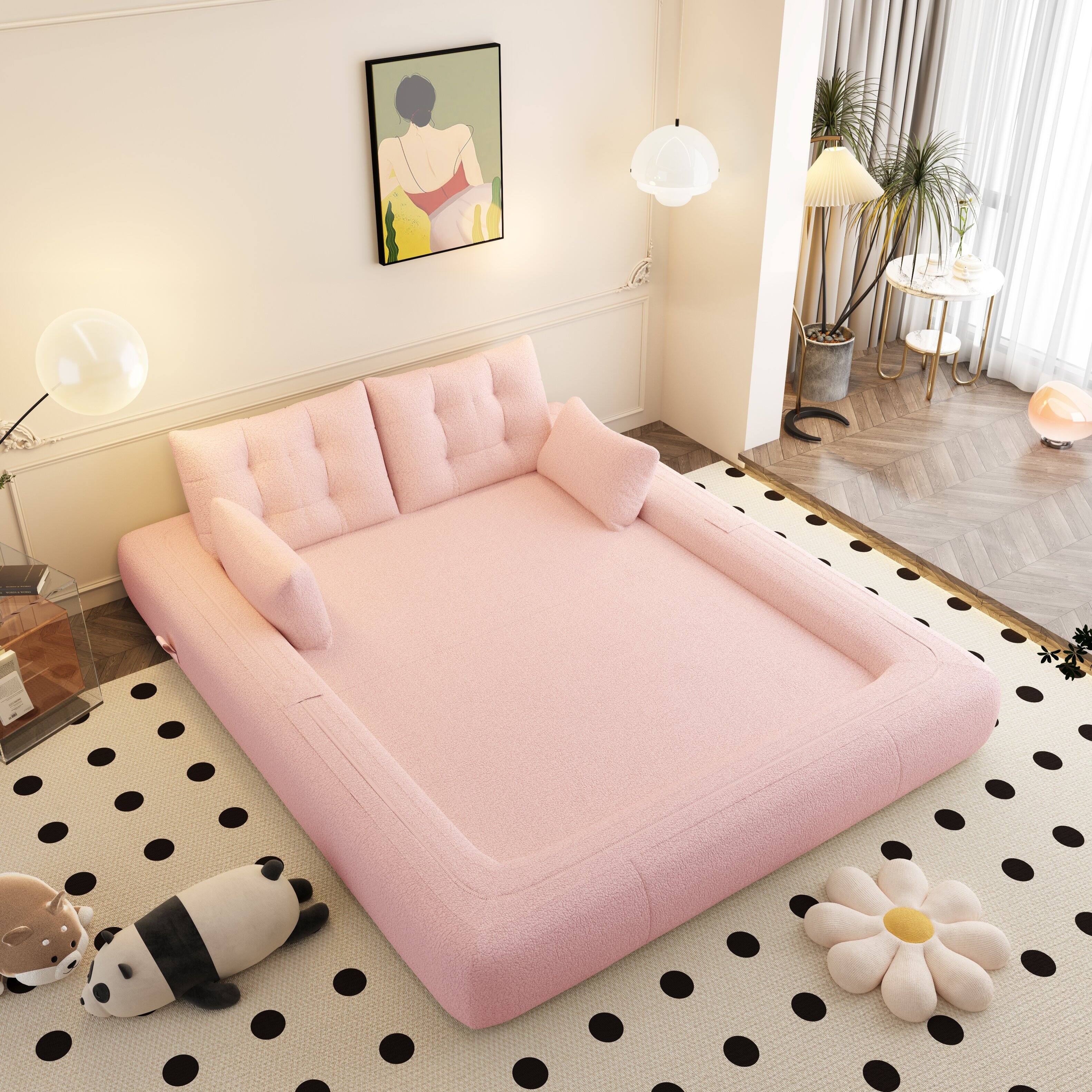 Angle. Anysun - Sofa Bed - 3-in-1 Foldable Sleeper, Teddy Fabric, Foam-Filled, for Living Room, Guest Bed & Playroom - Pink.