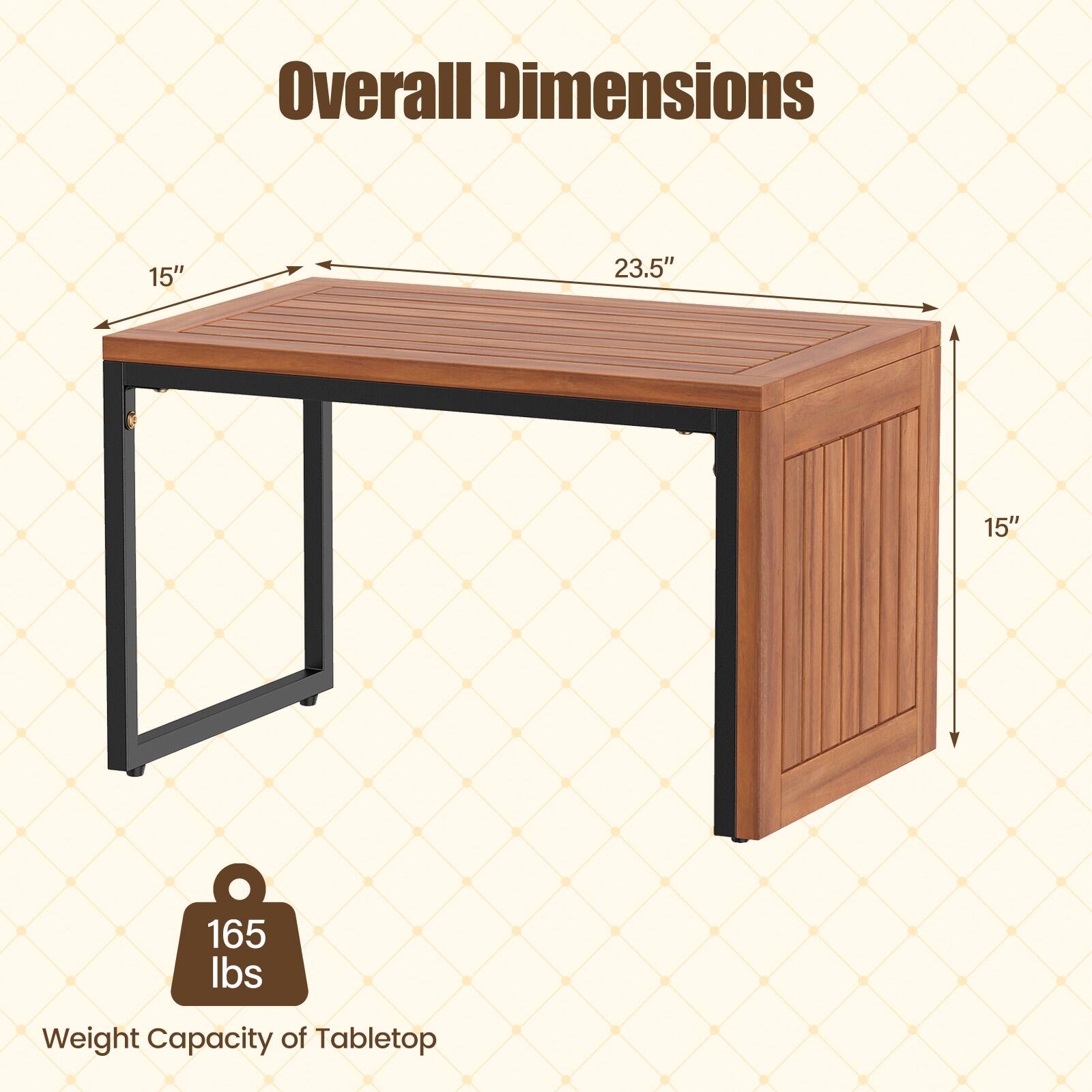 Overall Dimensions
15" x 23.5" x 15"
Weight Capacity of Tabletop: 165 lbs