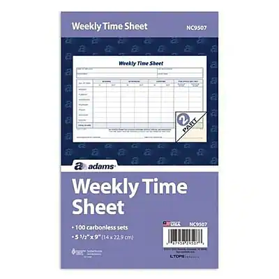 Weekly Time Sheet
NC9507
100 carbonless sets
5 1/2" x 9" (14 x 22.9 cm)
adams
USA
NC9507
CTOPS