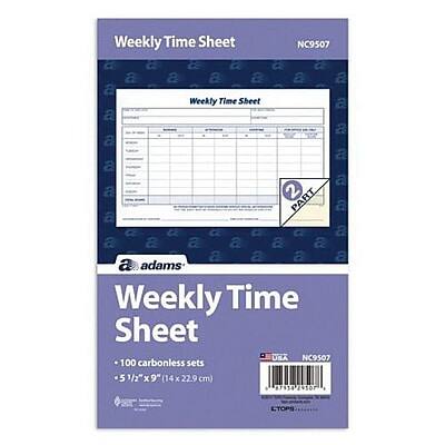 Weekly Time Sheet  
NC9507  

100 carbonless sets  
5 1/2" x 9" (14 x 22.9 cm)  

adams  

USA  
NC9507  

CTOPS