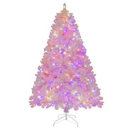 Costway - 6 FT Flocked Artificial Christmas Tree Hinged with 350 LED Lights 808 Branch Tips - Pink