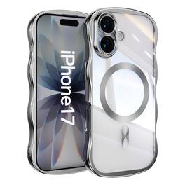 Dteck - Magnetic Case For iPhone 17 With Built-in Lens Protector Shockproof Plating Curly Wavy Frame Clear Back Cover - Silver