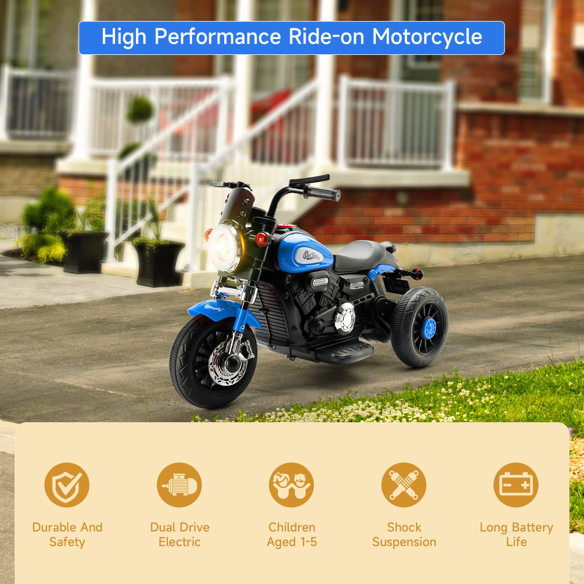 High Performance Ride-on Motorcycle

- Durable And Safety
- Dual Drive Electric
- Children Aged 1-5
- Shock Suspension
- Long Battery Life