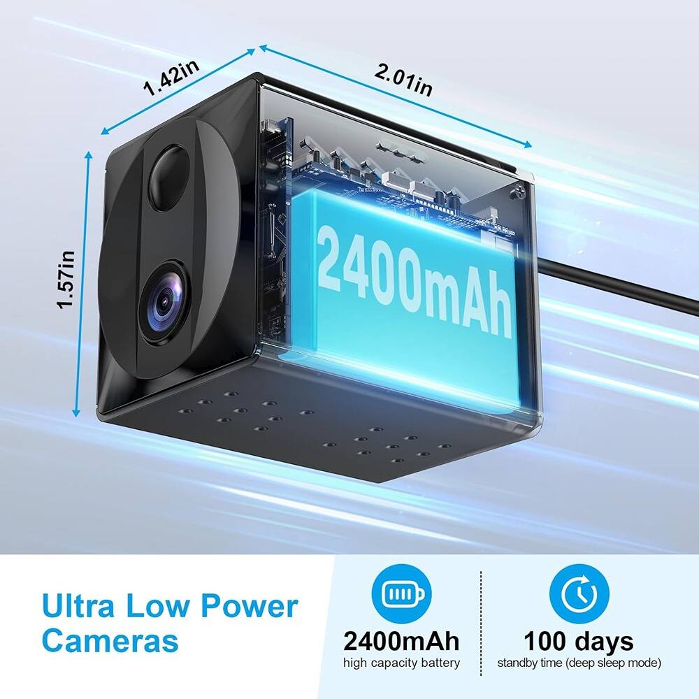 1.42in  
2.01in  
1.57in  

2400mAh  

Ultra Low Power Cameras  

2400mAh  
high capacity battery  

100 days  
standby time (deep sleep mode)