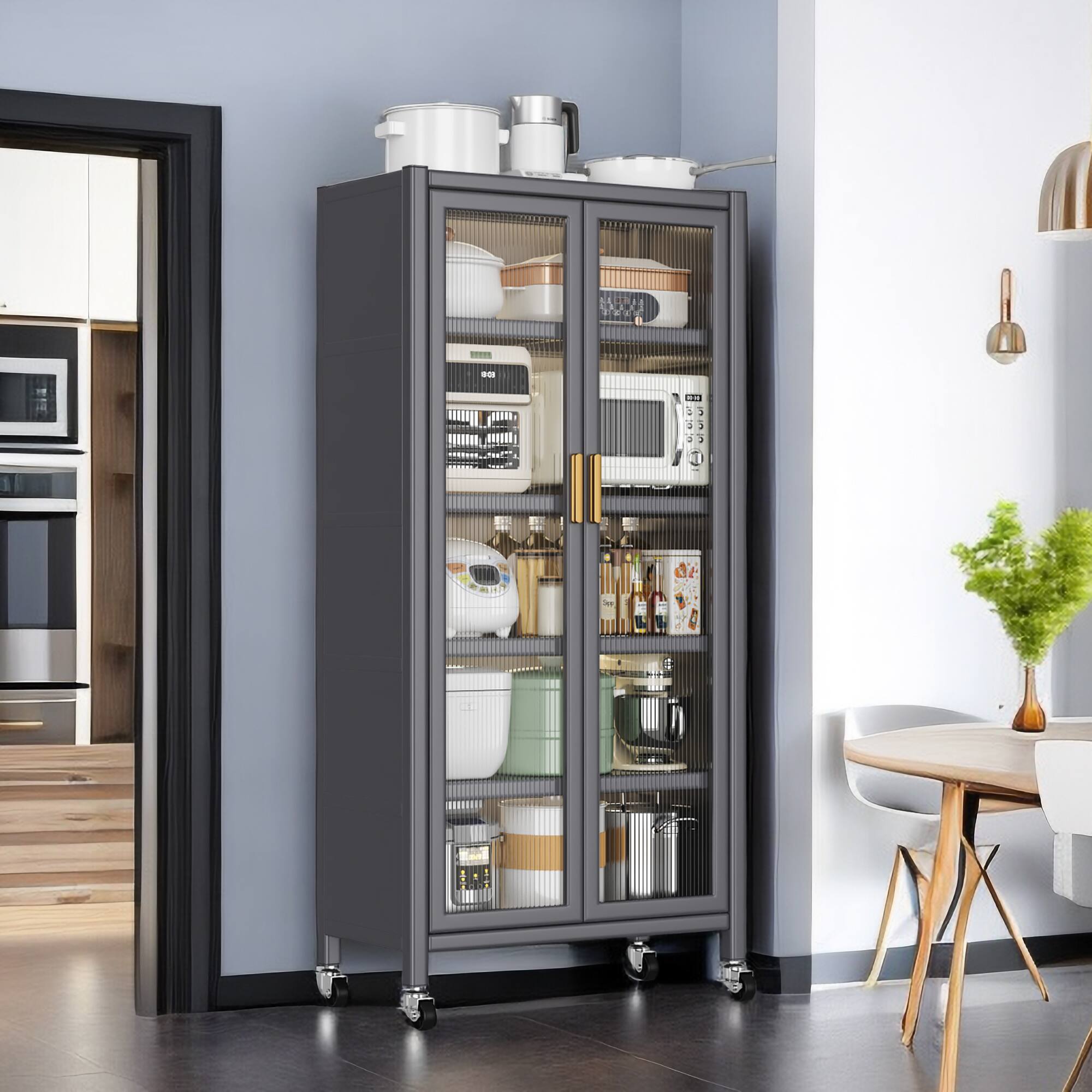 Back. Spaco - Spaco Tall Open Kitchen Storage Cabinet,Multilevel Open Shelving for Microwave,Bowls,Floor to Ceiling Storage Organizer - Grey.