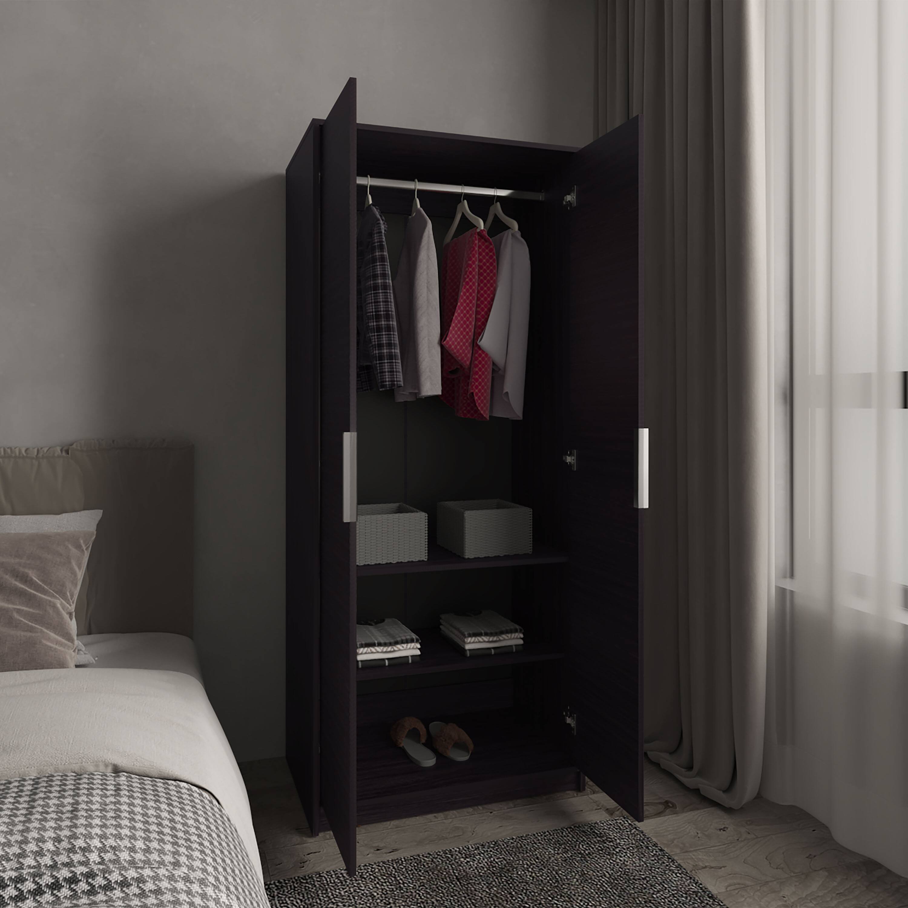 Back. TuHome - Wenden Armoire Double Doors, Hanging Rod And Interior Shelves, Freestanding Modern Wardrobe - Black.