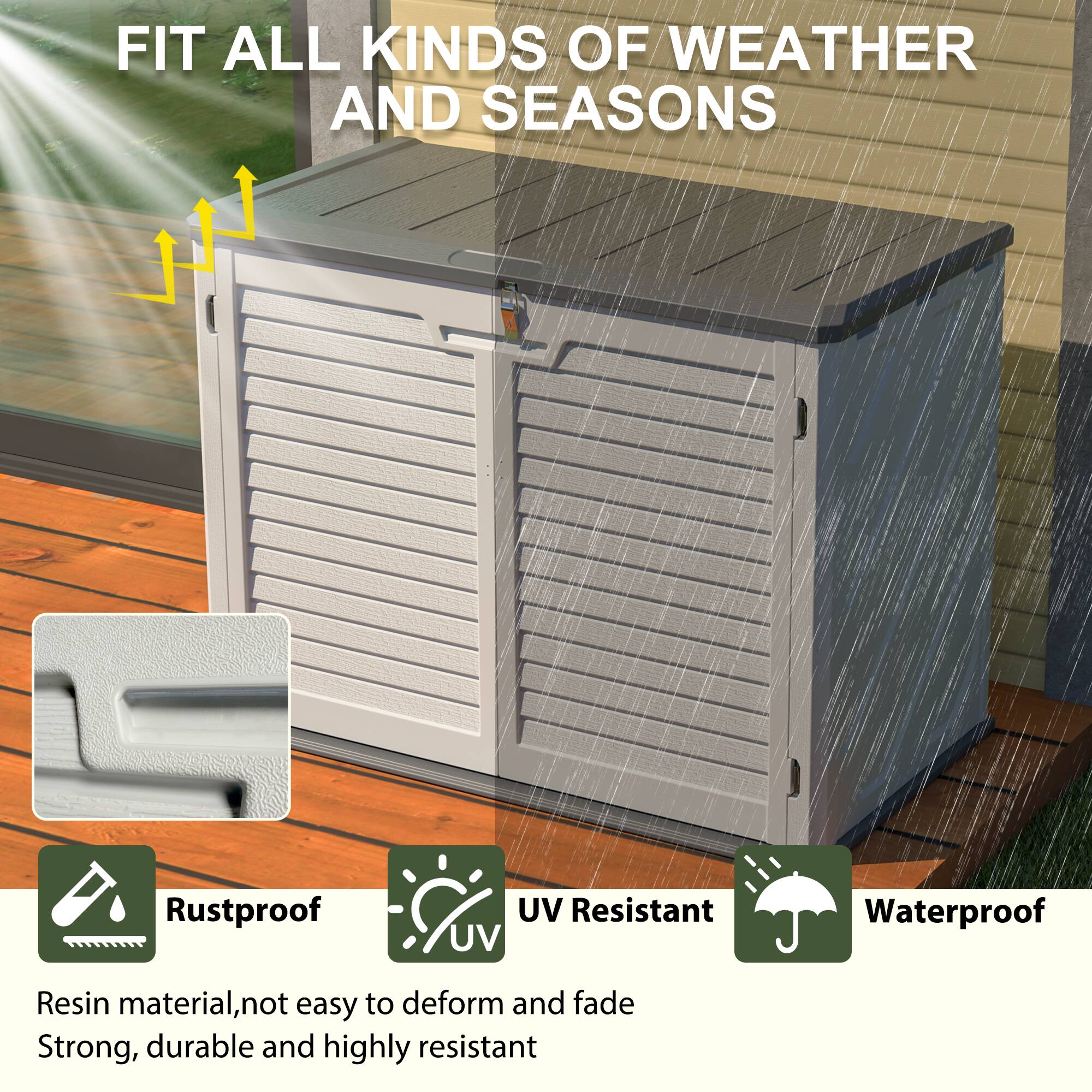 FIT ALL KINDS OF WEATHER AND SEASONS

Rustproof  
UV Resistant  
Waterproof

Resin material, not easy to deform and fade  
Strong, durable and highly resistant