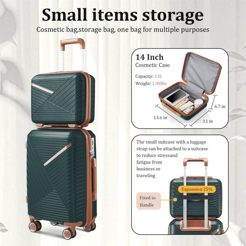 Small items storage  
Cosmetic bag, storage bag, one bag for multiple purposes  

14 Inch Cosmetic Case  
Capacity: 13L  
Weight: 1.98lbs  
Dimensions: 6.7 in x 13.6 in x 11 in  

The small suitcase with a luggage strap can be attached to a suitcase to reduce stress and fatigue from business or traveling.  
Expansion 25%  
Fixed to Handle