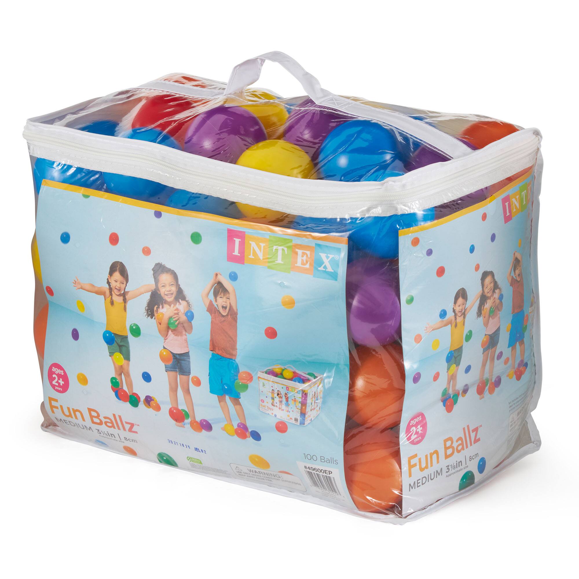 INTEX  
ages 2+ yours, Fun Ballz 3%in / 8cm 2021.1829  
100 Balls A #49600EP  
WARNING:  
ages porty Ballz Fun 8cm 3%in Approving AY MEDIUM