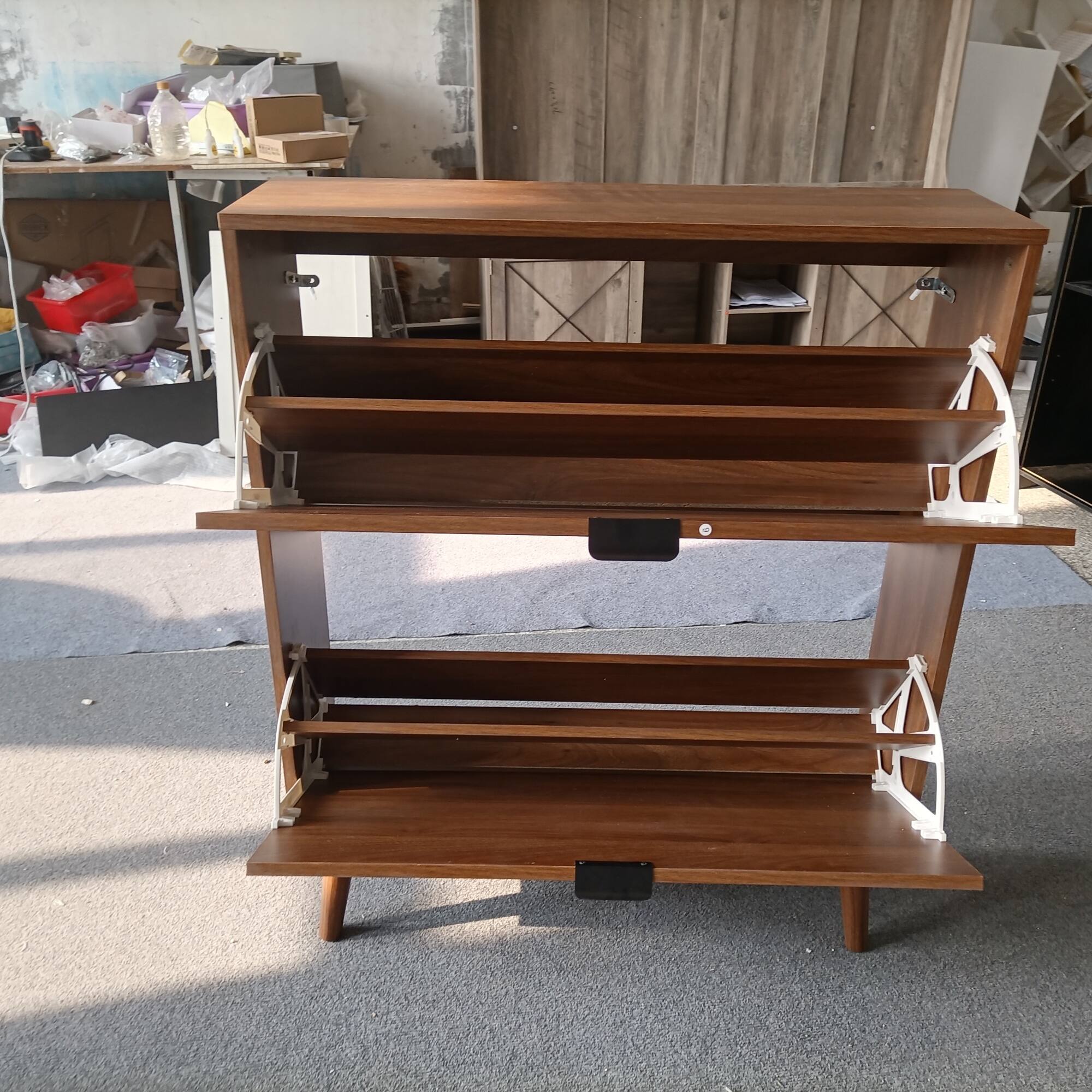 Left. GOODSILO - Farmhouse Style Shoe Storage Cabinet with Flip Drawers and Adjustable Dividers for Entryway Organization - Walnut.