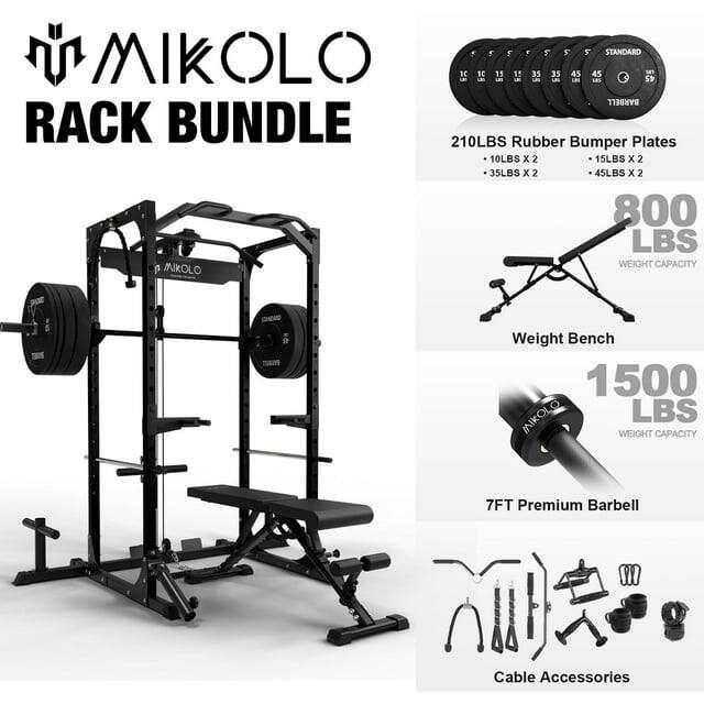 Mikolo - Power Rack Cage with LAT Pulldown System,1200 lbs Capacity Power Rack with 800 lbs Capacity - Black