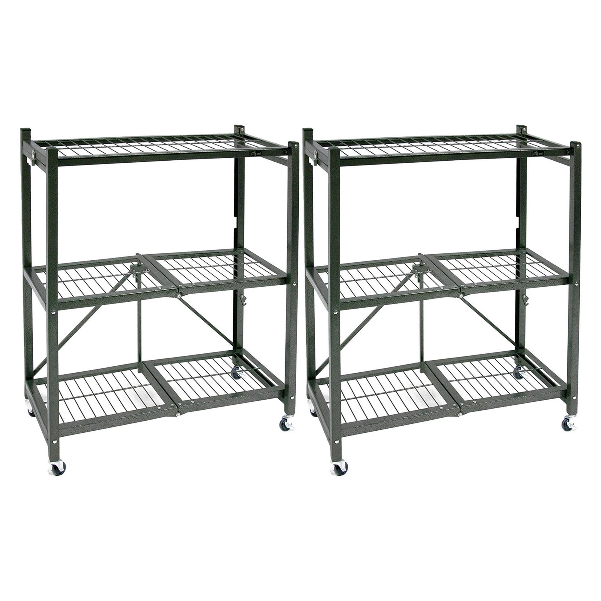 Front. Origami - Origami R3 Foldable 3-Tiered Shelf Storage Rack & Wheels, Pewter (2 Pack) - Pewter.