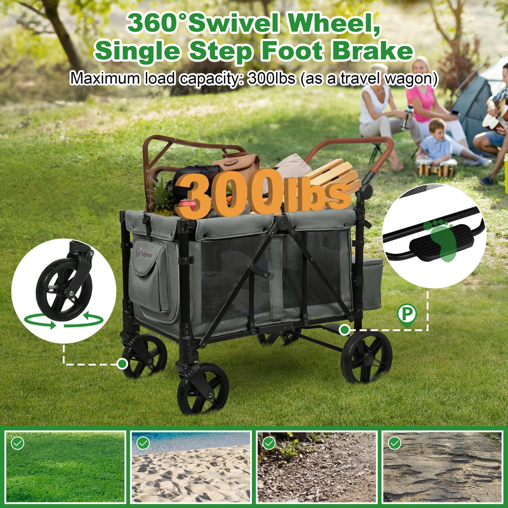 360° Swivel Wheel, Single Step Foot Brake  
Maximum load capacity: 300lbs (as a travel wagon)