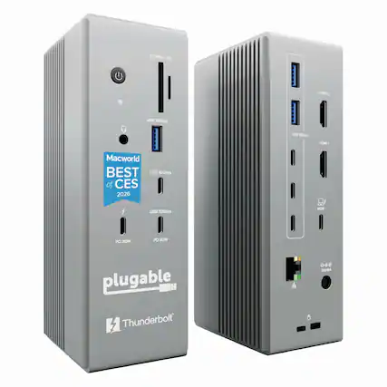 SD Micro SD
USB 10Gbps
Macworld BEST of CES 2026
USB 10Gbps
PD 30W
plugable
Thunderbolt 2
HDMI 1
USB 5Gbps
HDMI 2
USB 10Gbps
PD 30W
20V/5A