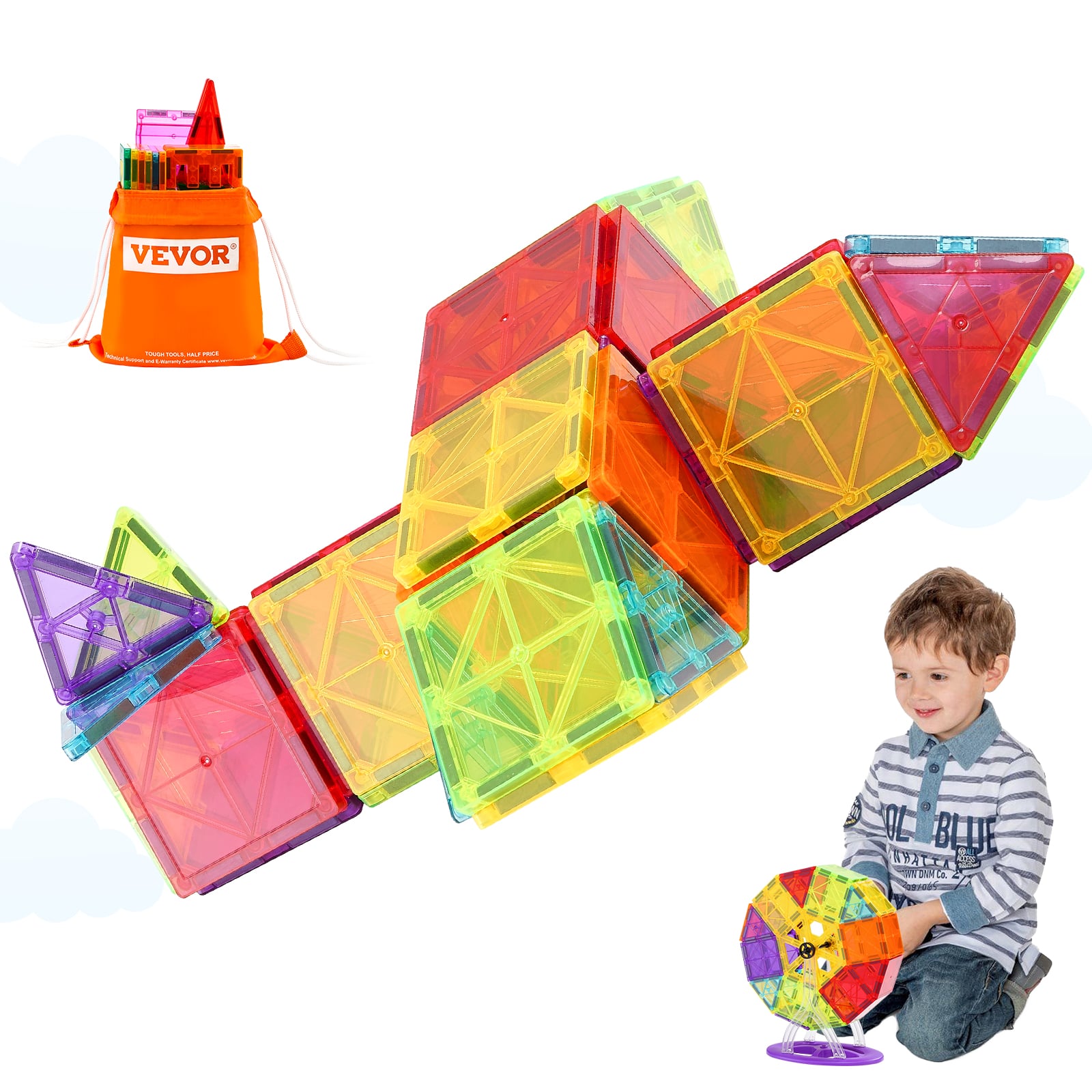 Photos - Construction Toy Vevor  Magnetic Tiles, 121 PCS Magnetic Building Blocks for Kids, Magnet Building Set with 2 Car Bases & 26 Digital Cards  