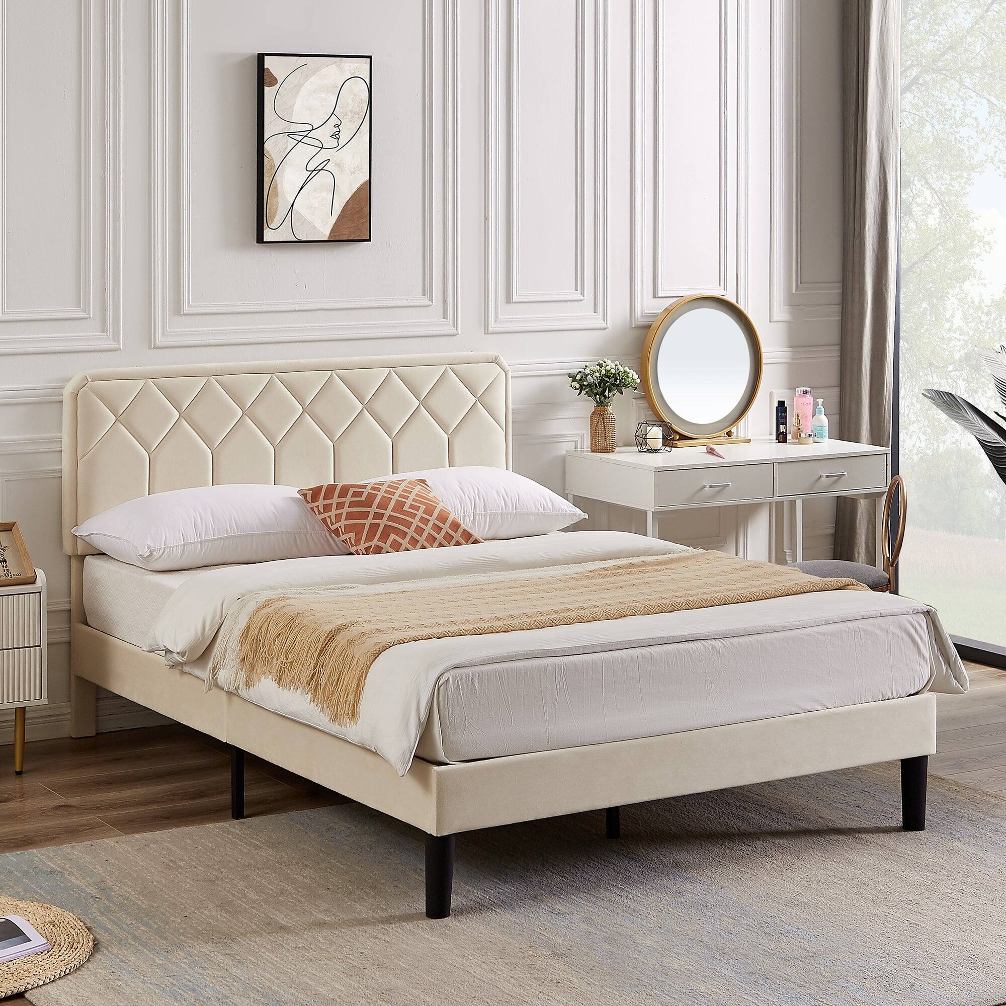 Left. Vecelo - Queen Size Upholstered Bed With Adjustable Headboard And Underbed Storage - Metal Platform Bed,Quiet Design - Beige.