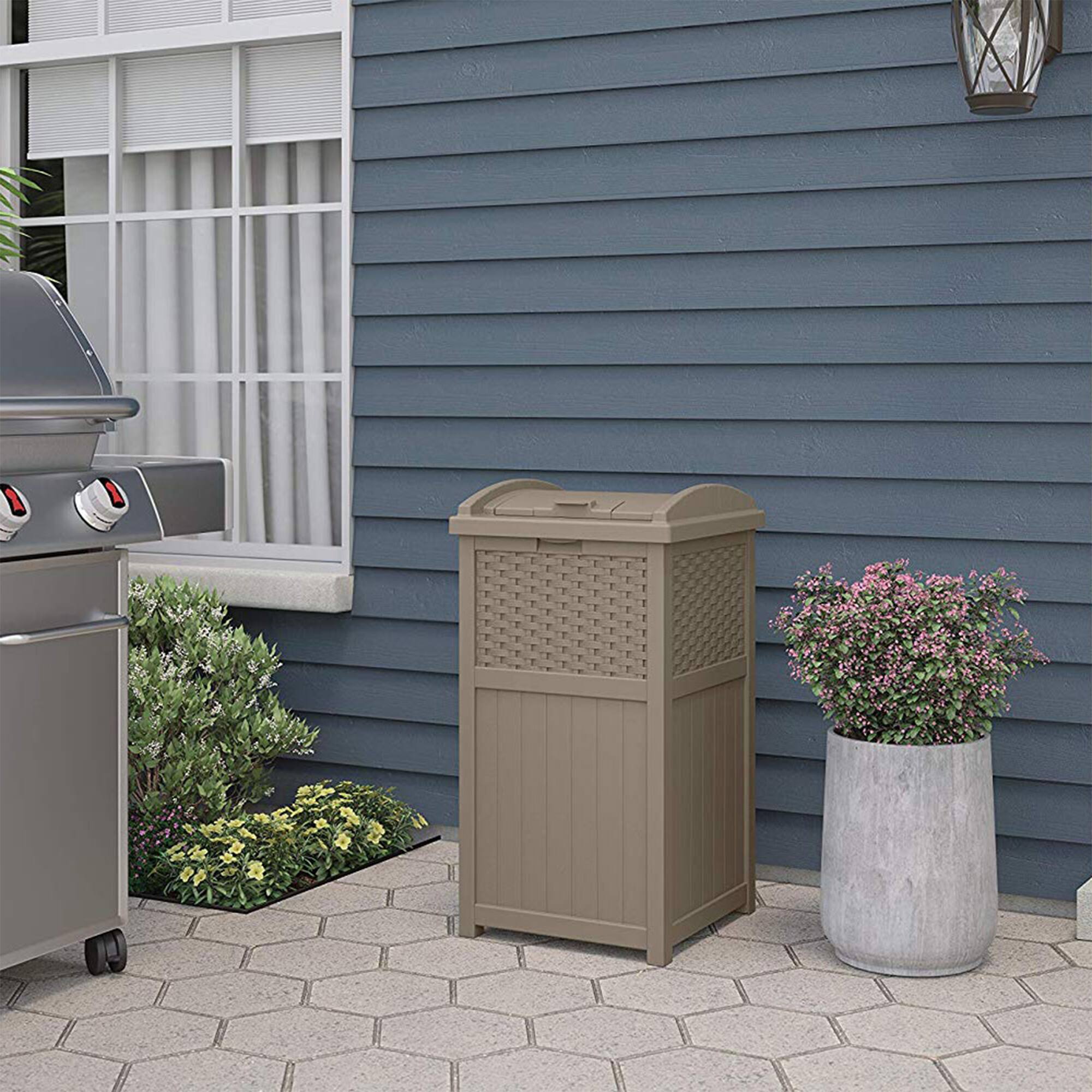 Alt View 4. Suncast - Suncast Wicker Plastic Hideaway Trash Can with Latching Lid, Dark Taupe (2 Pack) - Grey.