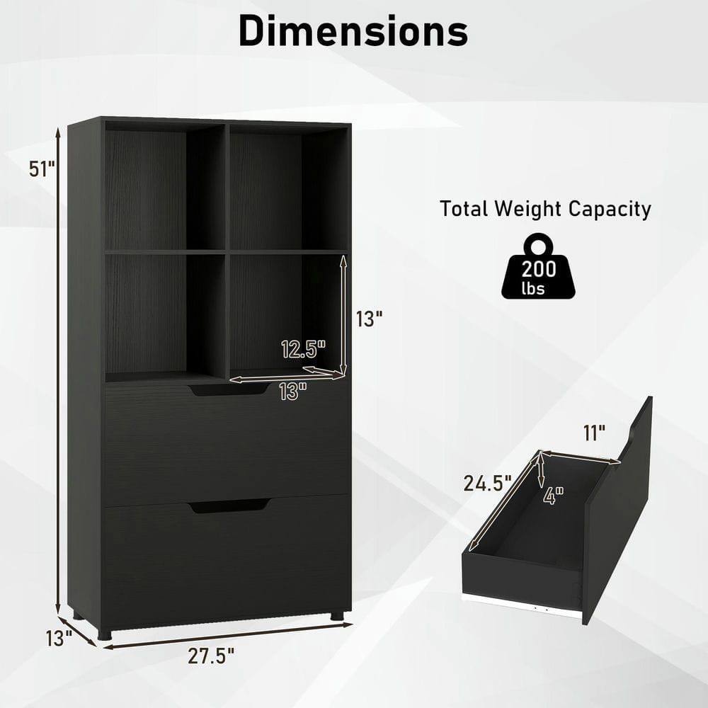Dimensions:  
- Height: 51"  
- Width: 27.5"  
- Depth: 13"  
- Shelf Depth: 12.5"  
- Drawer Width: 24.5"  
- Drawer Depth: 11"  
- Drawer Height: 4"  

Total Weight Capacity: 200 lbs