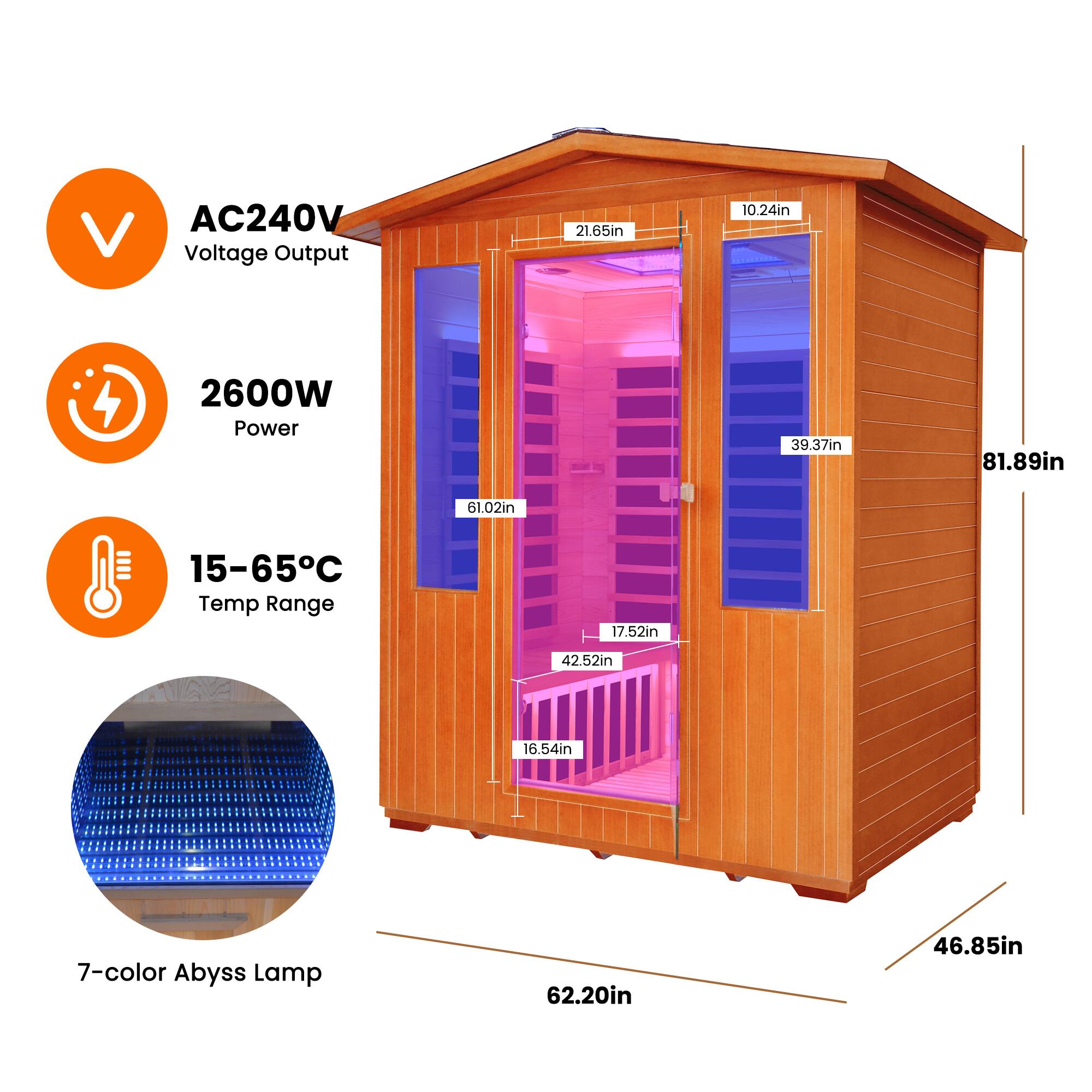 - AC240V Voltage Output
- 2600W Power
- 15-65°C Temp Range
- 7-color Abyss Lamp

Dimensions:
- 62.20in (length)
- 46.85in (width)
- 81.89in (height)
- 42.52in (depth)
- 17.52in (door width)
- 16.54in (door height)
- 21.65in (front height)
- 10.24in (front width)
- 39.37in (interior height)
- 61.02in (interior width)