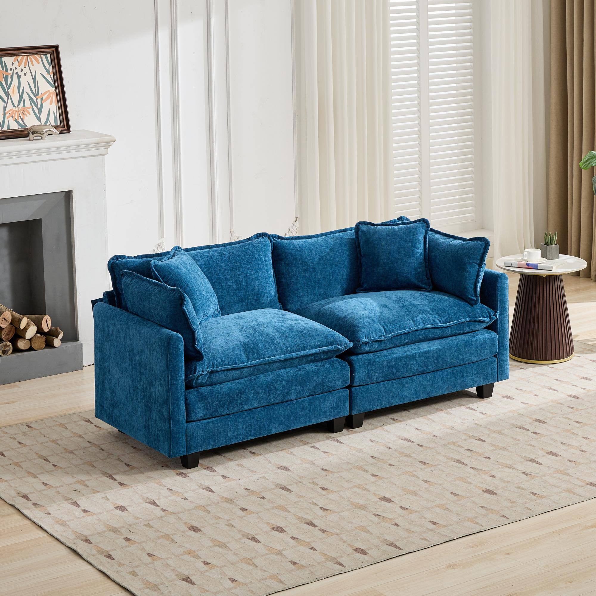 Angle. TinyHomie - Blue Chenille Cloud Loveseat Sectional Sofa No Ottoman - Blue.