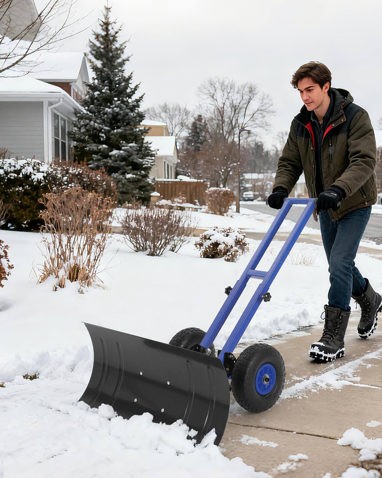 Front. Qeetex - Snow Shovel with Wheels, Adjustable Handle & Angled Blade, Double Rod Push Snow Plow for Driveway(29.1W x 14.2H) - Black&Blue.