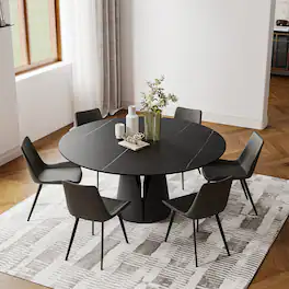 POVISON - 59" Modern Black Round Dining Table for 6, Matte Sintered Stone Tabletop, Black Carbon Steel Base - Matte Black Sintered Stone & Black Steel Base