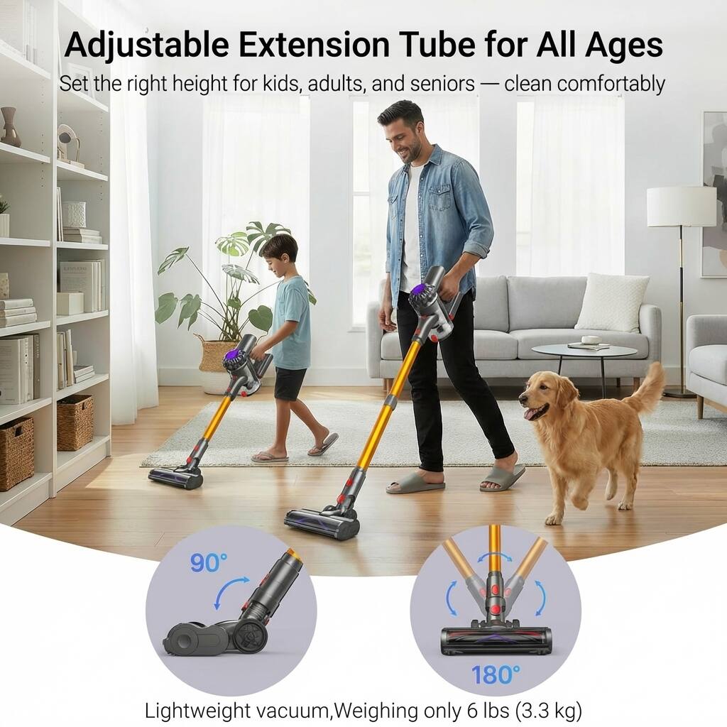 Adjustable Extension Tube for All Ages  
Set the right height for kids, adults, and seniors — clean comfortably  

Lightweight vacuum, weighing only 6 lbs (3.3 kg)