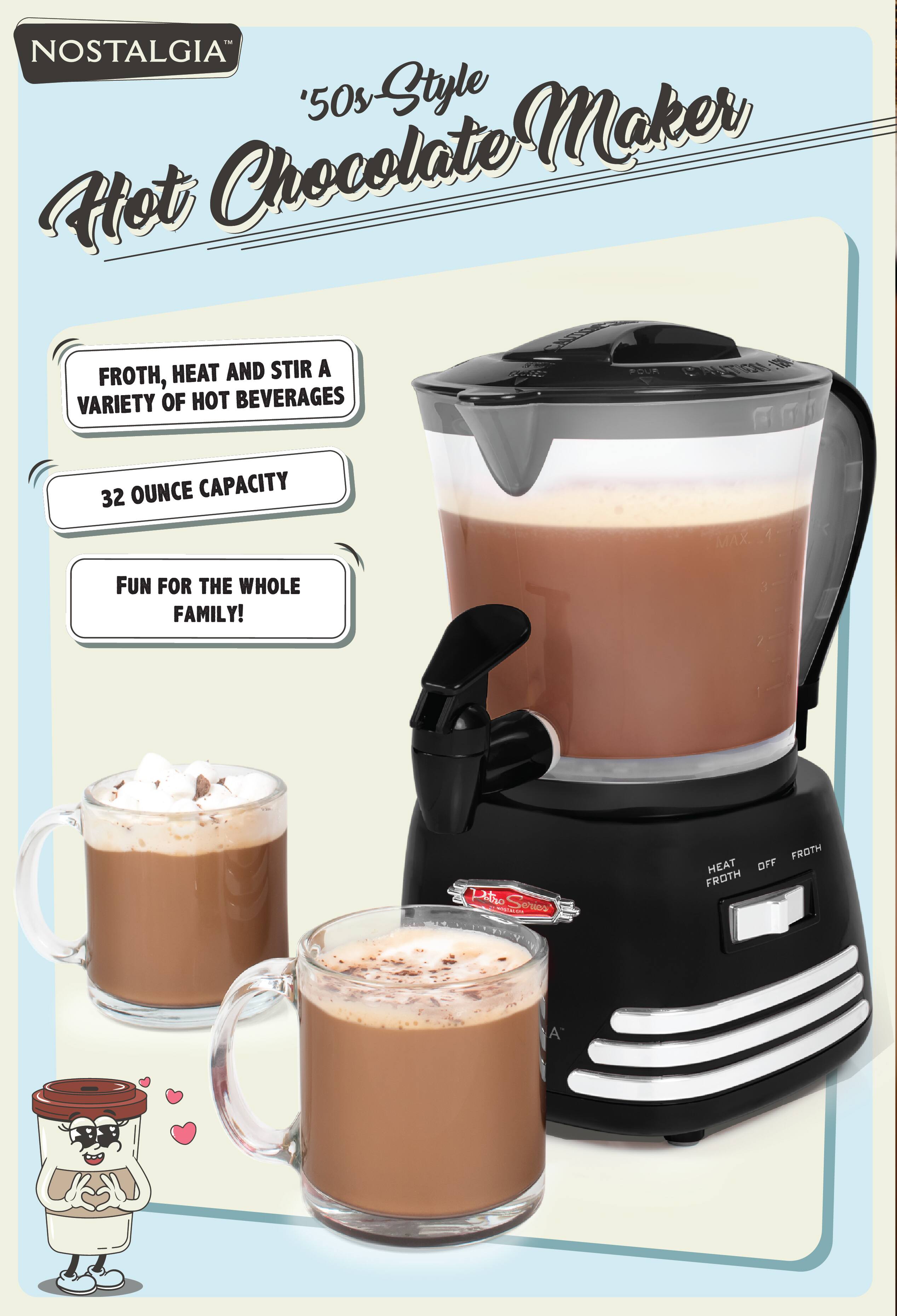 Nostalgia '50s Style Hot Chocolate Maker

- FROTH, HEAT AND STIR A VARIETY OF HOT BEVERAGES
- 32 OUNCE CAPACITY
- FUN FOR THE WHOLE FAMILY!

Pitho Sehios

- dads
- FROTH
- HEAT
- OFF
- FROTH