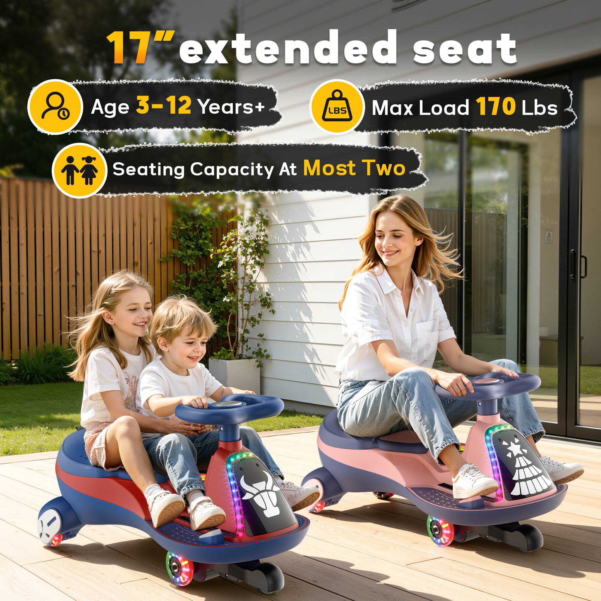 17" extended seat

Age 3-12 Years+

Max Load 170 Lbs

Seating Capacity At Most Two