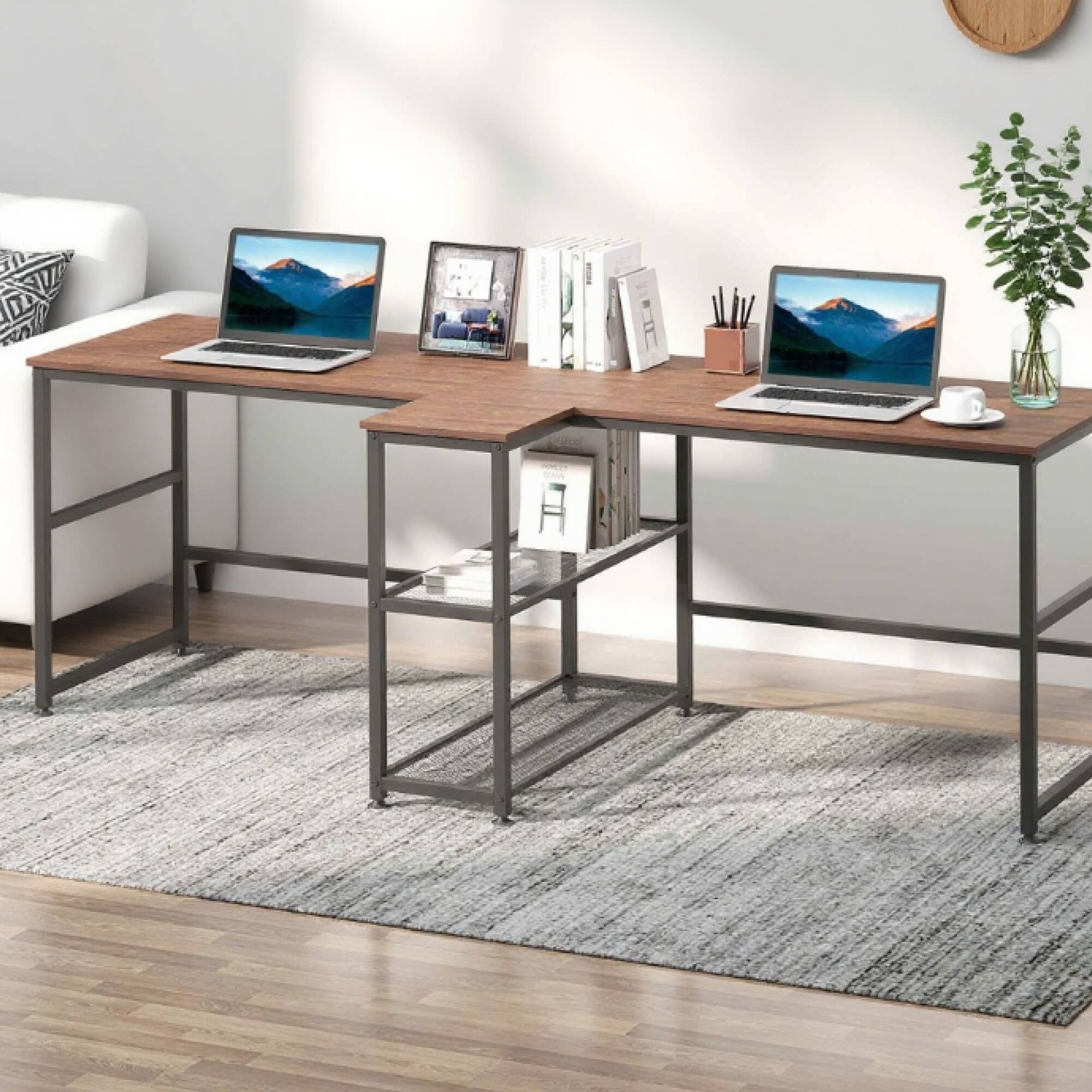 Left. GOODSILO - Double Workstation Computer Desk with Built-in Storage Shelves and Bookcase for Home Office Organization - Dark Walnut.
