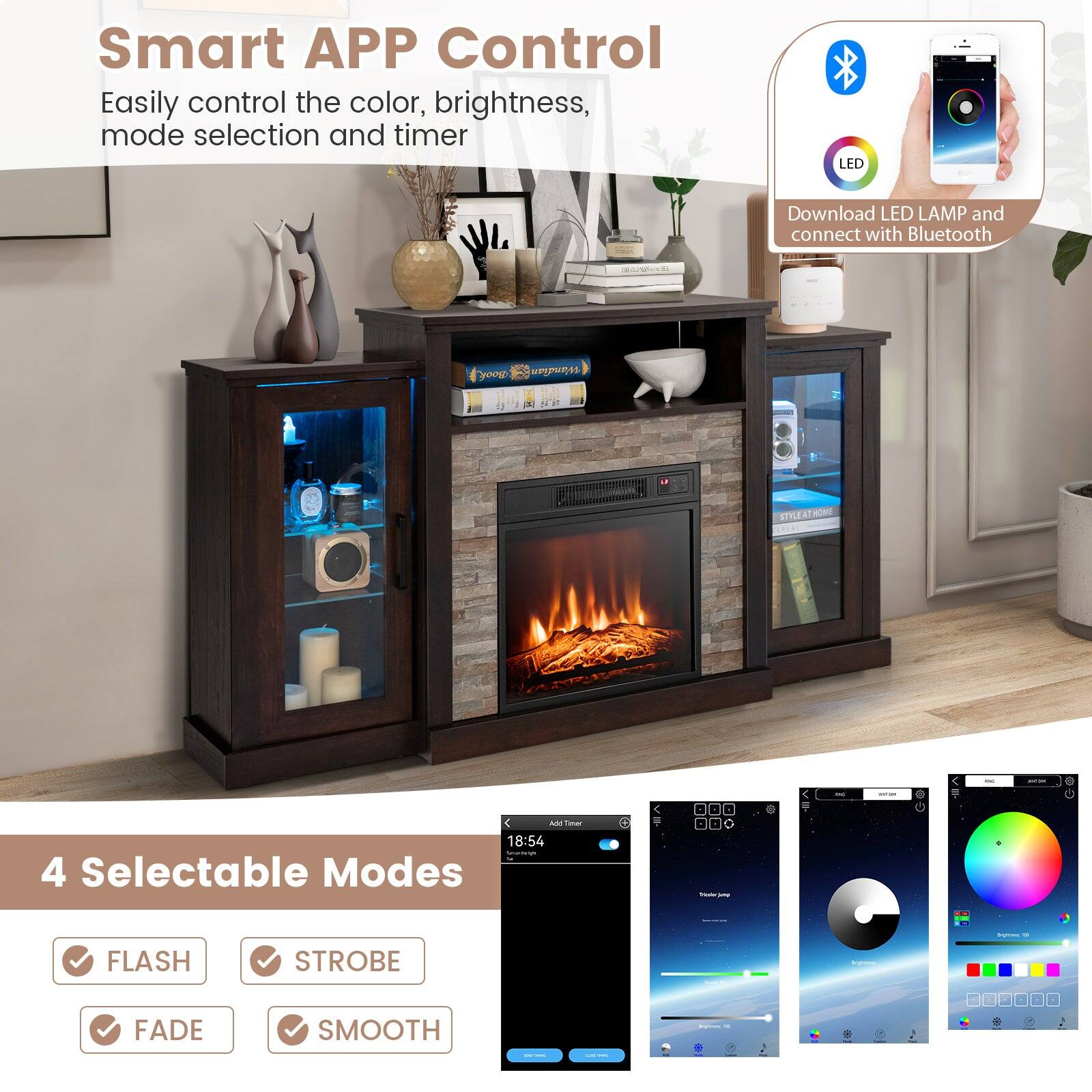 Smart APP Control  
Easily control the color, brightness, mode selection and timer  

Download LED LAMP and connect with Bluetooth  

4 Selectable Modes  
- FLASH  
- STROBE  
- FADE  
- SMOOTH