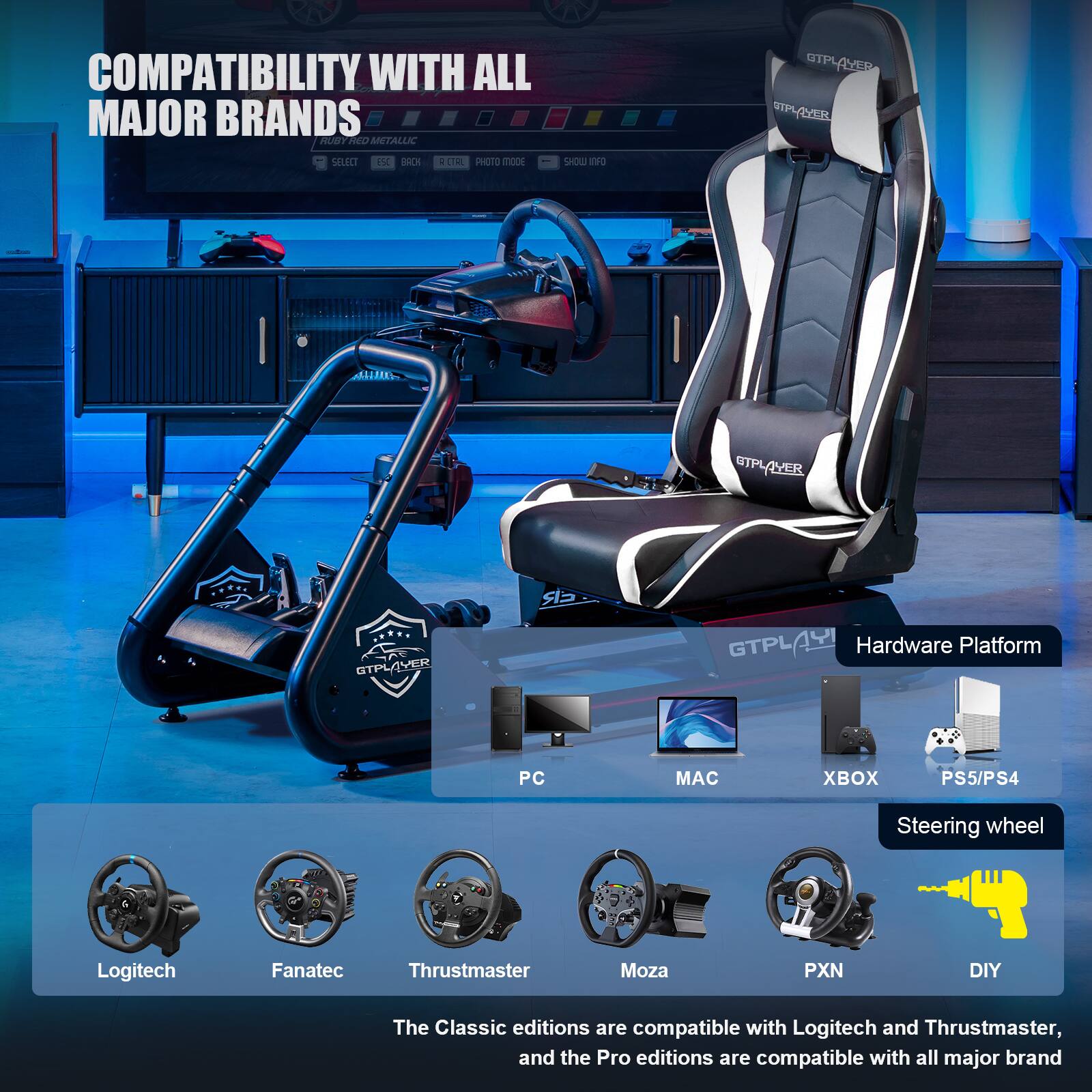 Compatibility with all major brands is showcased in this image, featuring a racing wheel and a steering wheel. The compatibility includes Logitech, Fanatec, Thrustmaster, Moza, and DIY. The image also highlights the compatibility of the classic editions with Logitech and Thrustmaster, while the Pro editions are compatible with all major brands.