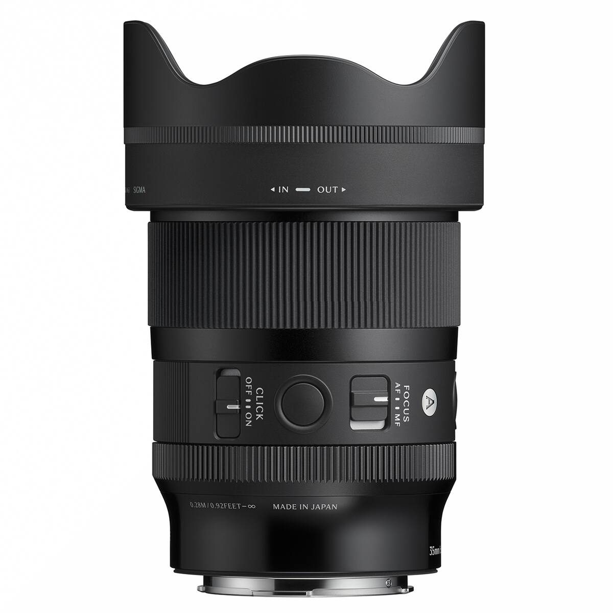 SOMA  
IN  
OUT  
OFF : NO  
CLICK  
AF MF AF & OMF  
FOCUS  
0.28M/0.92FEET-∞  
MADE IN JAPAN  
35mm