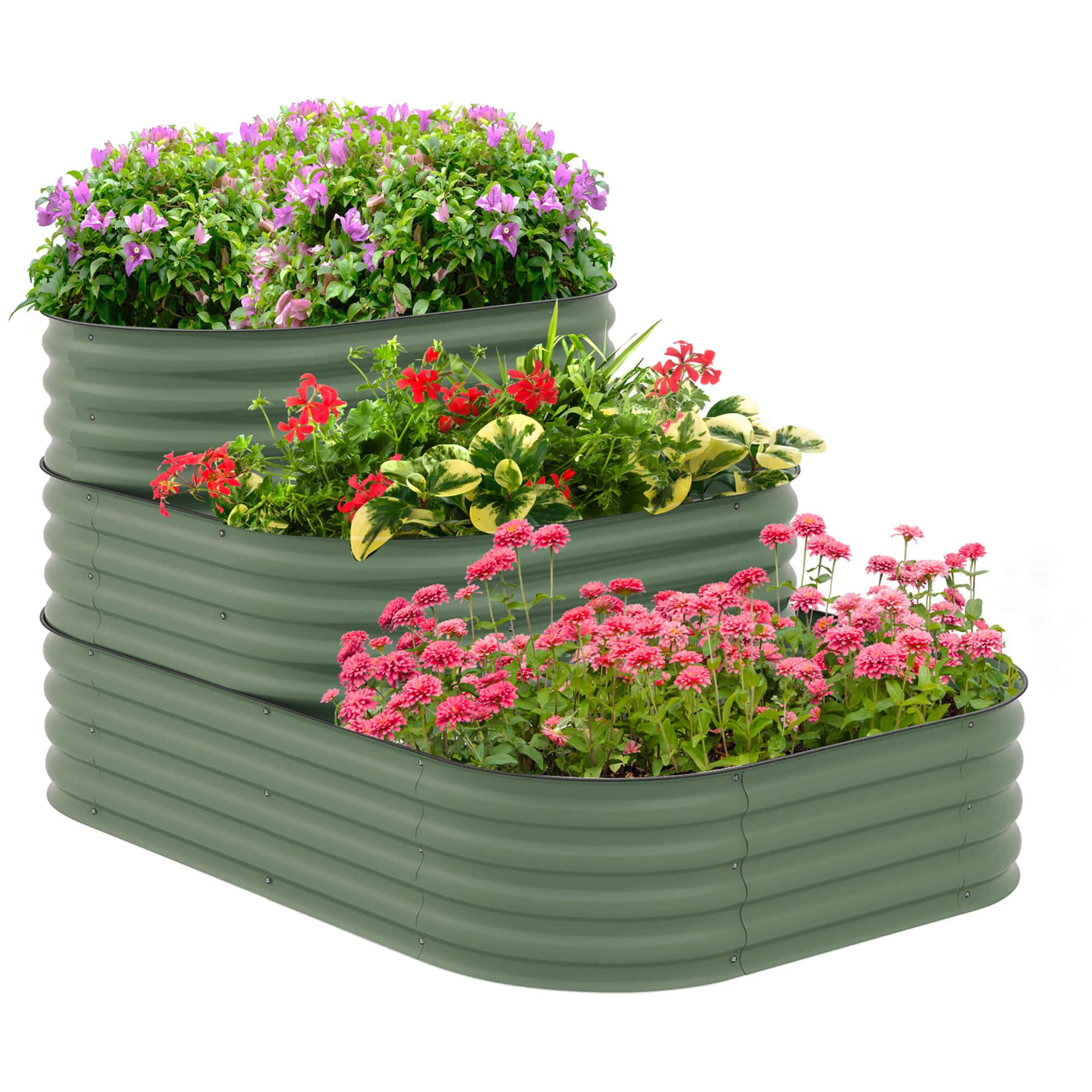 Outsunny - 3-Tier Galvanized Steel Raised Garden Bed Kit, 62.25" x 43" x 32.25", 3 Combining Planter Boxes with Rubber Strip Edging - Green