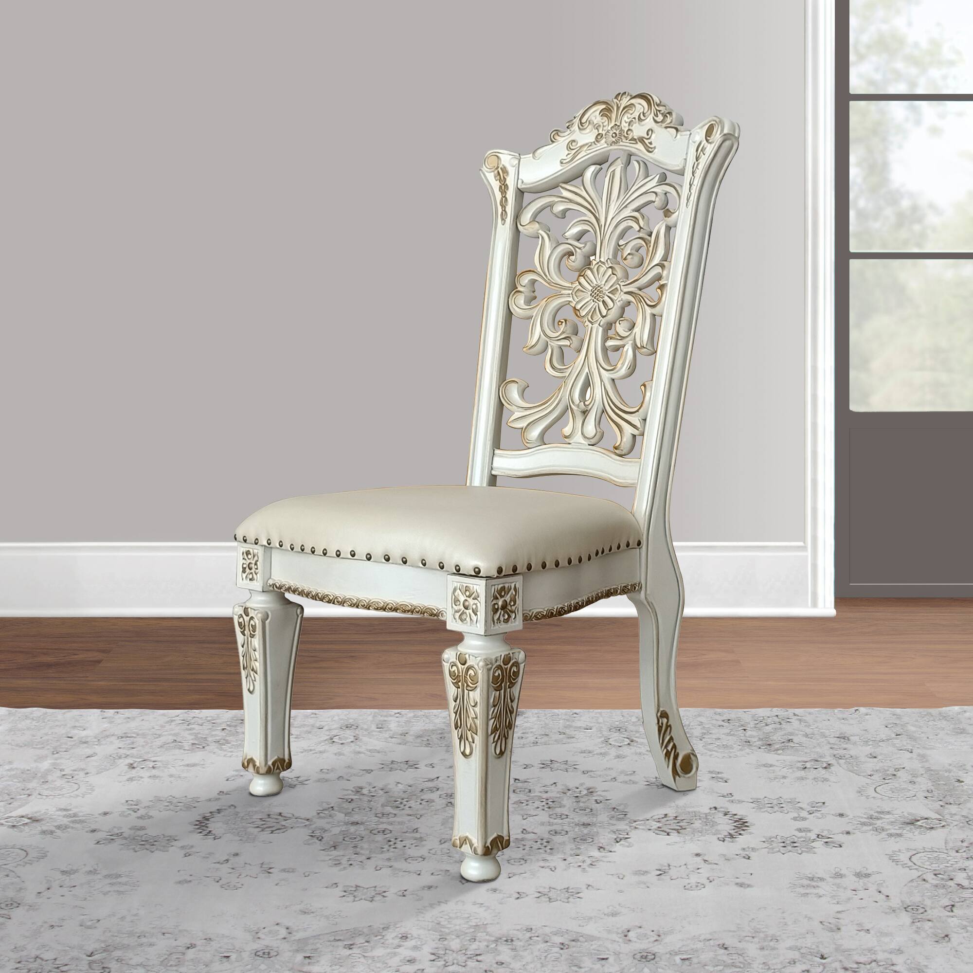 Alt View 5. Manhattan Lane - Jess 27 Inch Dining Chair, Nailhead Trim, Set of 2, Faux Leather - White and Gold.
