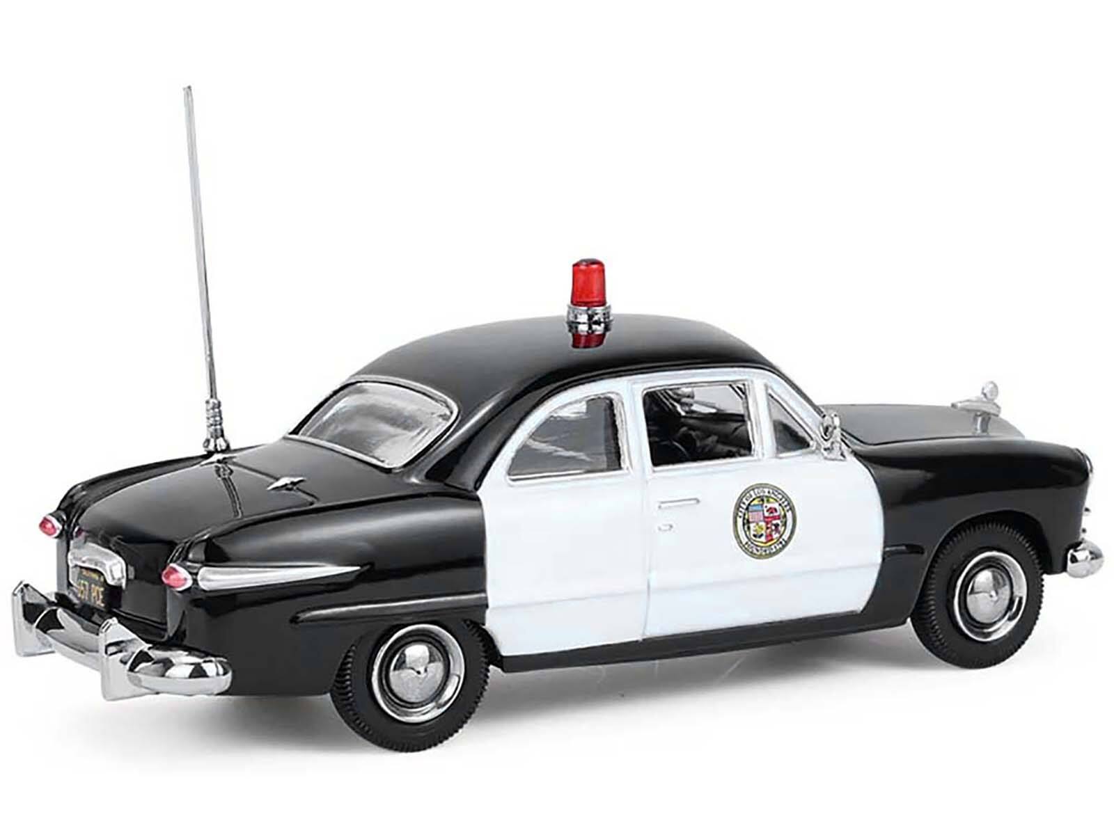Left. Greenlight - 1949 Ford Custom Police Car "LAPD (Los Angeles Police Department)" Black and White 1/43 Diecast Model Car by Greenlight - Black and White.