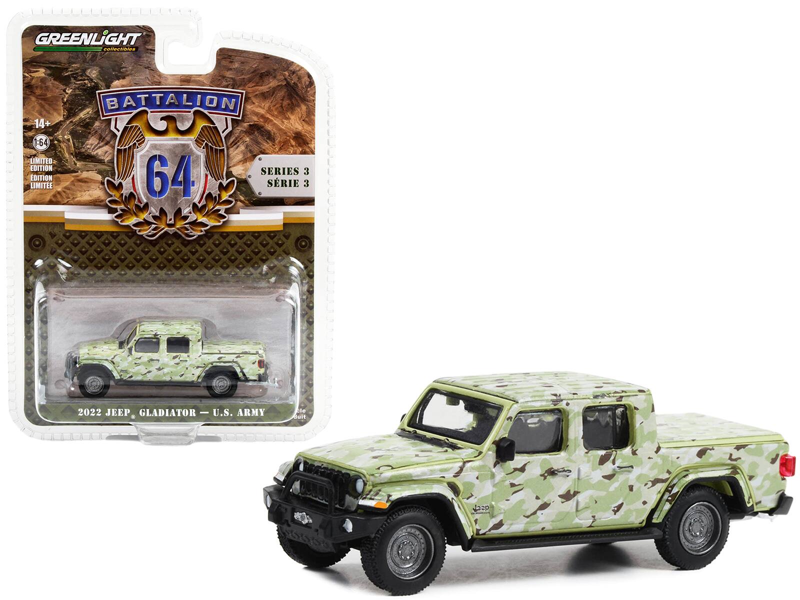 GREENLIGHT collectibles  
BATTALION  
14+  
1:64  
LIMITED EDITION  
EDITION LIMITEE  
SERIES 3  
SÉRIE 3  
64  
2022 JEEP GLADIATOR - U.S. ARMY