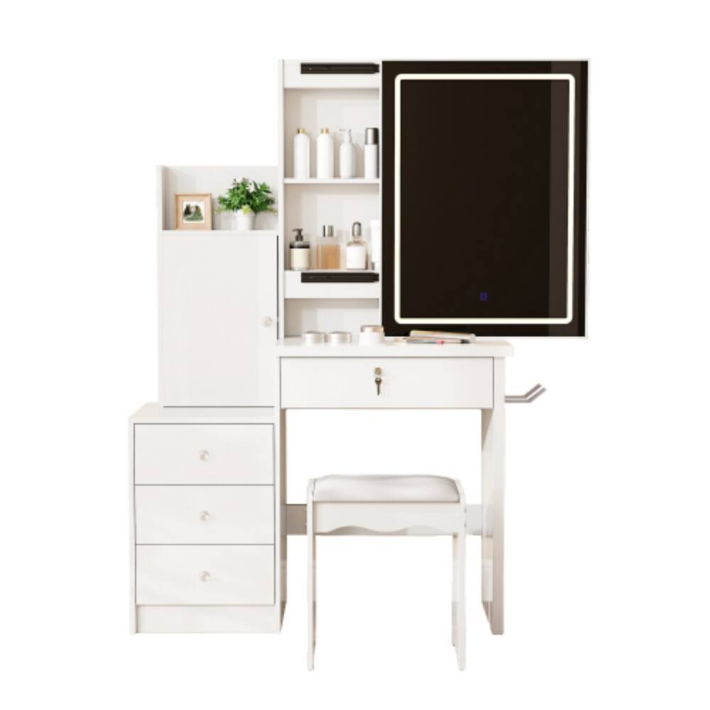 Alt View 4. LUCKY ONE - Vanity Set with Sliding Lighted Mirror, 4 Drawers, 9 Storage Spaces and Cushioned Stool for Bedroom - White.