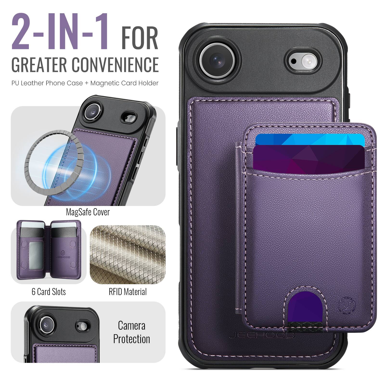 2-IN-1 FOR GREATER CONVENIENCE  
PU Leather Phone Case + Magnetic Card Holder  
MagSafe Cover  
6 Card Slots  
RFID Material  
Camera Protection