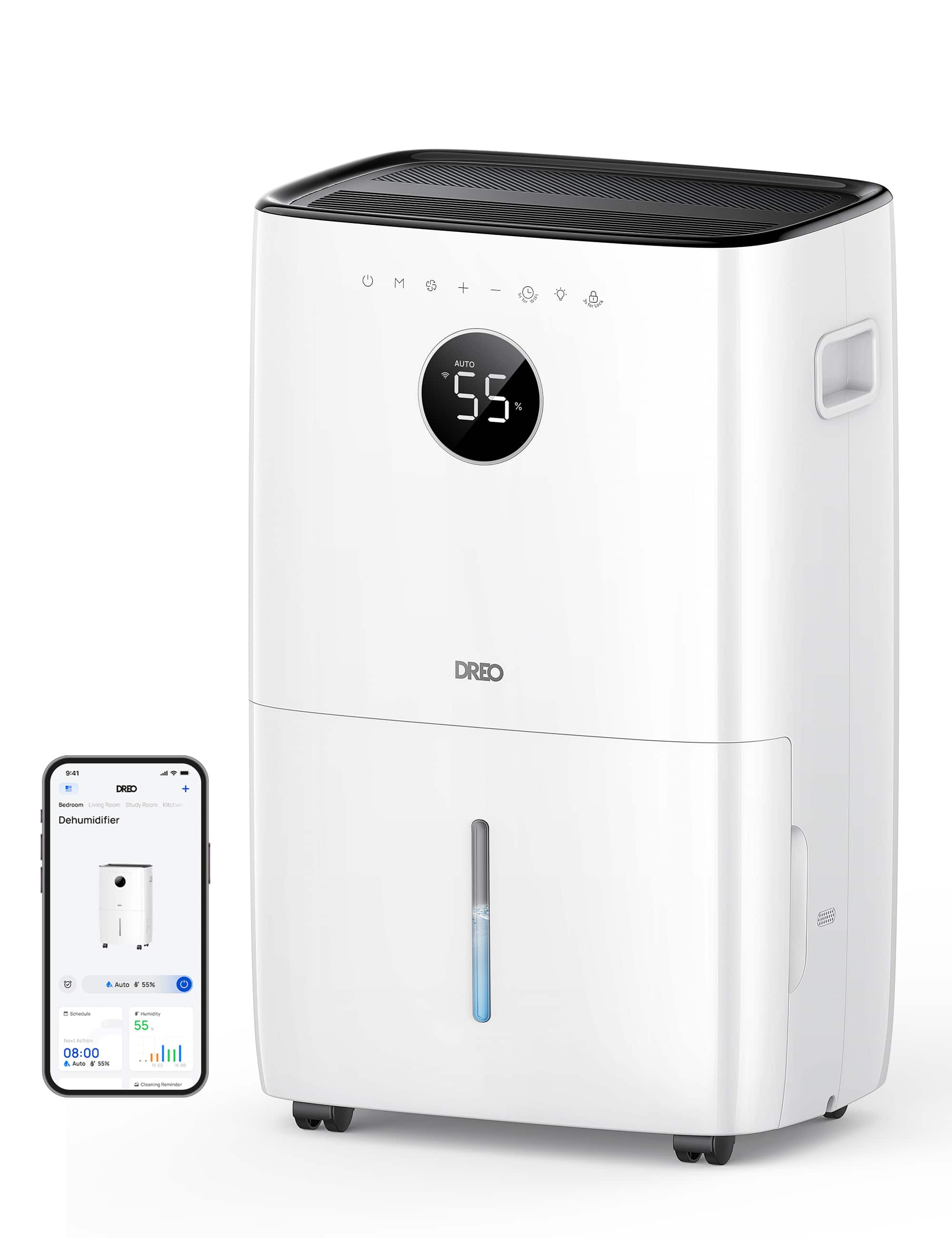 DREO  
Dehumidifier  

AUTO 55%  
DREO 941  

Bedroom Living Room Study Room Kitchen  
Dehumidifier  

Auto 55%  
Next Action  
08:00  
Auto 55%  
Cleaning Reminder