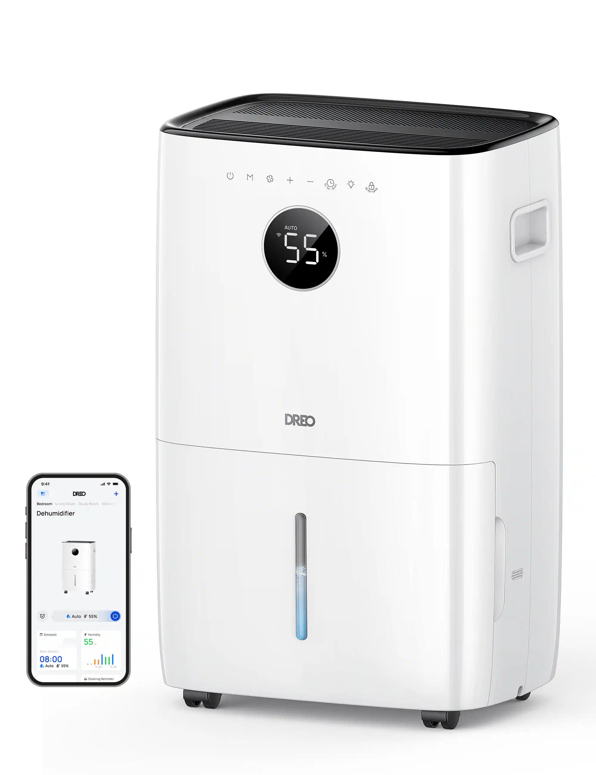 DREO  
Dehumidifier  

AUTO 55%  
DREO 941  

Bedroom Living Room Study Room Kitchen  
Dehumidifier  

Auto 55%  
Next Action  
08:00  
Auto 55%  
Cleaning Reminder