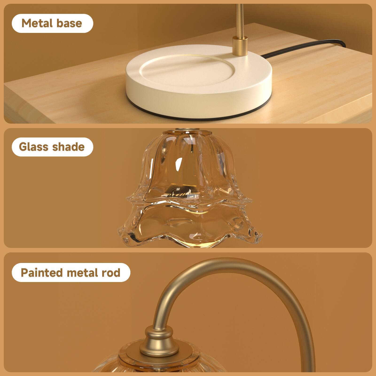 Metal base  
Glass shade  
Painted metal rod