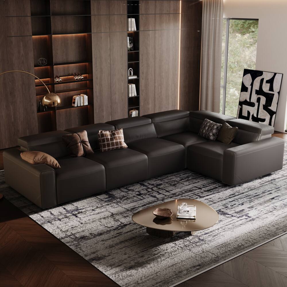 Angle. POVISON - 141.14" Power Corner Sofa L-shaped Electric Reclining Couch, 2 Extendable Recliners, USB Charging, Living Room,Khaki - Black Sustainable Leather.