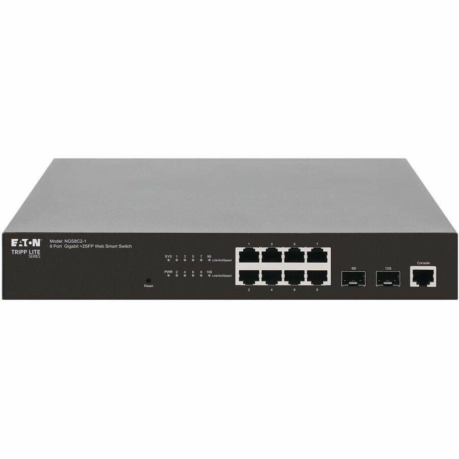 E-T-N  
Model: NG58C2-1  
8 Port Gigabit +25FP Web Smart Switch  
TRIPP LITE SERIES  

1 2 3 4 5 6 7 8  
SYS 1 2 3 4 5 6 7 8  
PWR 1 2 3 4 5 6 7 8  
Reset  

Console  
10/100/1000  
10/100/1000  
10/100/1000  
10/100/1000  
10/100/1000  
10/100/1000  
10/100/1000  
10/100/1000  
10/100/1000  
10/100/1000  
10/100/1000  
10/100/1000  
10/100/1000  
10/100/1000