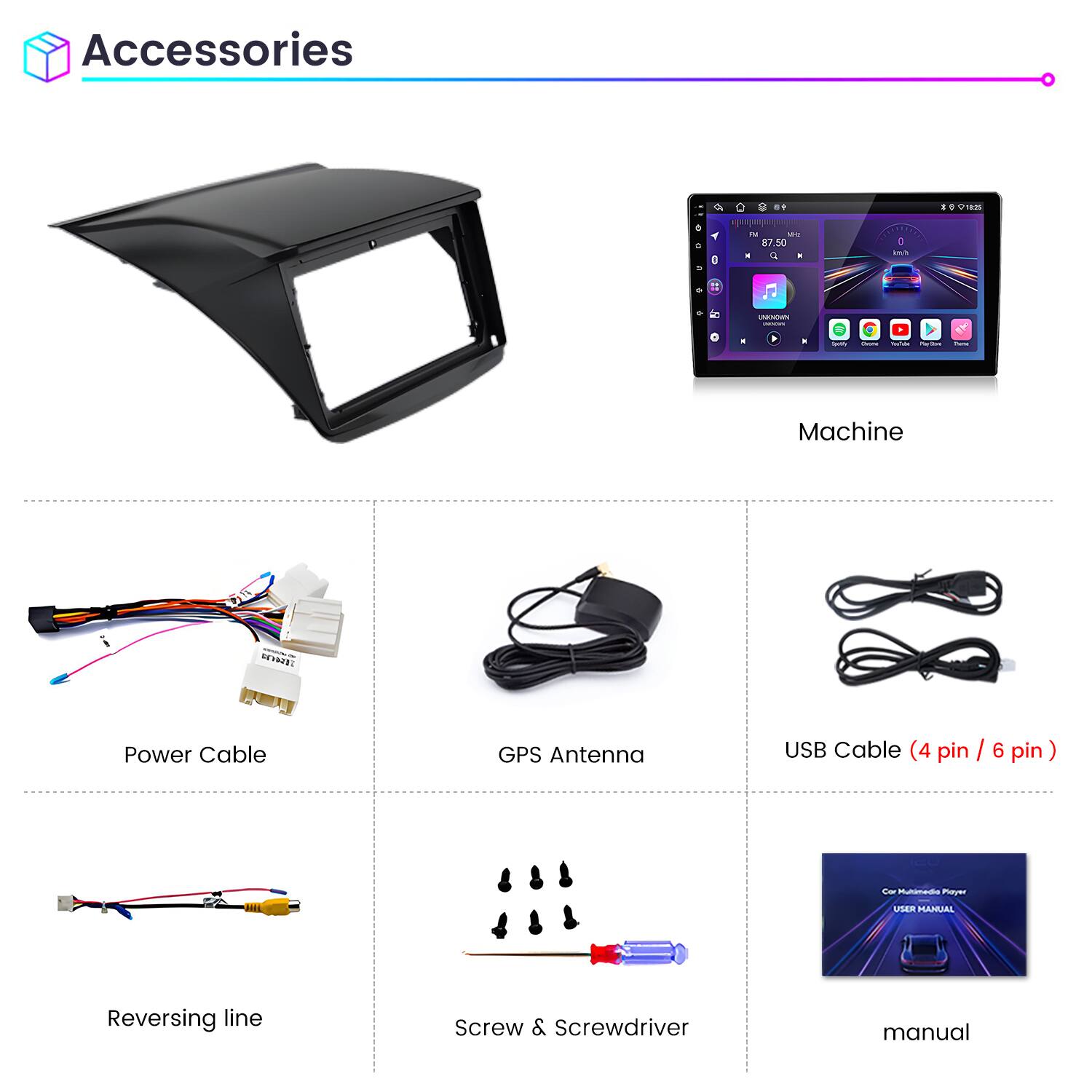 Accessories

- Power Cable
- GPS Antenna
- USB Cable (4 pin / 6 pin)
- Reversing line
- Screw & Screwdriver
- Manual